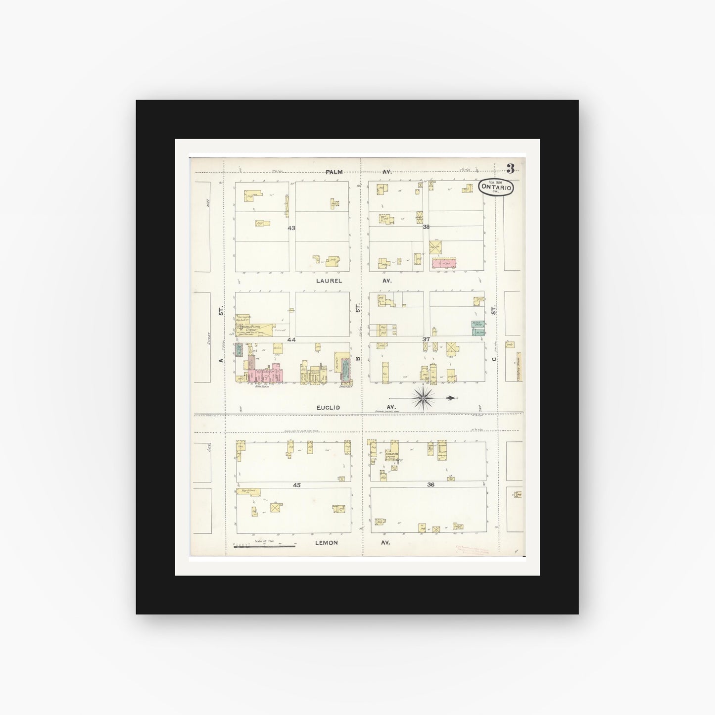 Old map wall art mockup — black gallery frame with white mat — Sanborn Fire Insurance Map from Ontario, San Bernardino County, California (1891), Sheet #0003