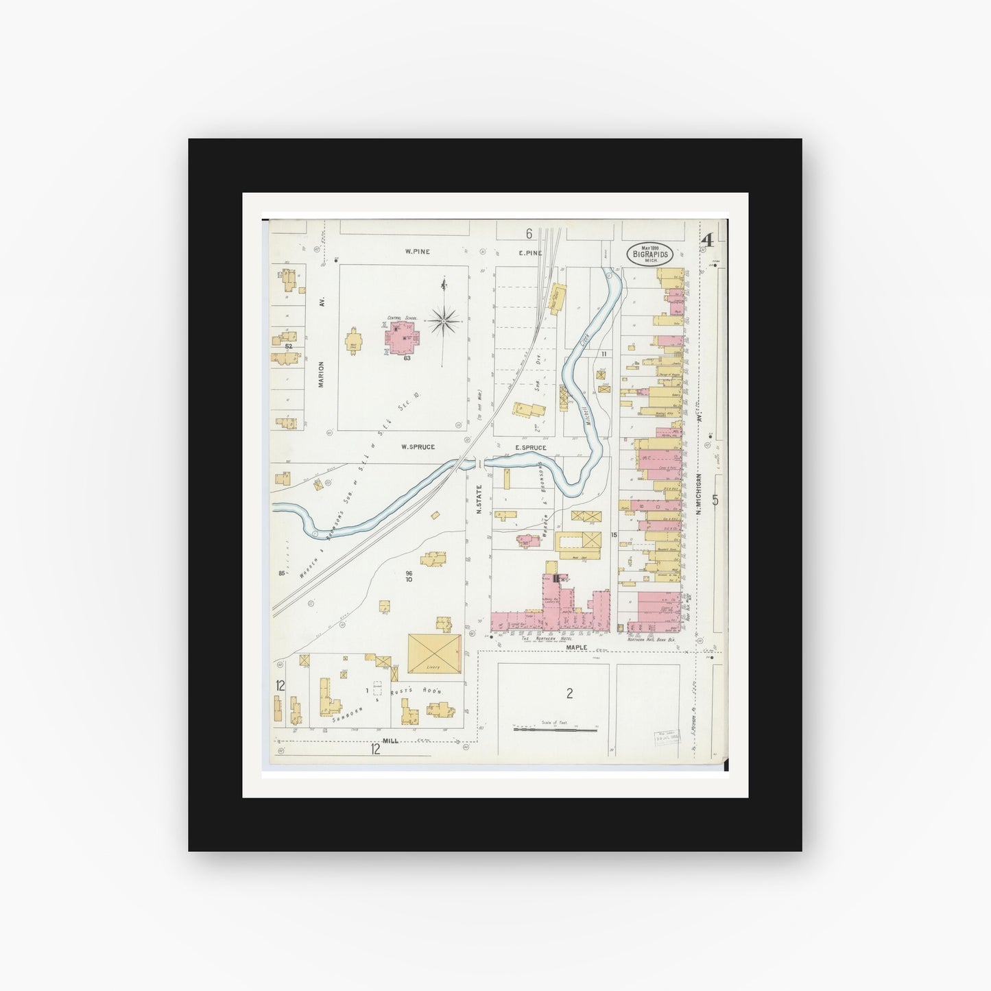 Old map wall art mockup — black gallery frame with white mat — Sanborn Fire Insurance Map from Big Rapids, Mecosta County, Michigan (1899), Sheet #0004