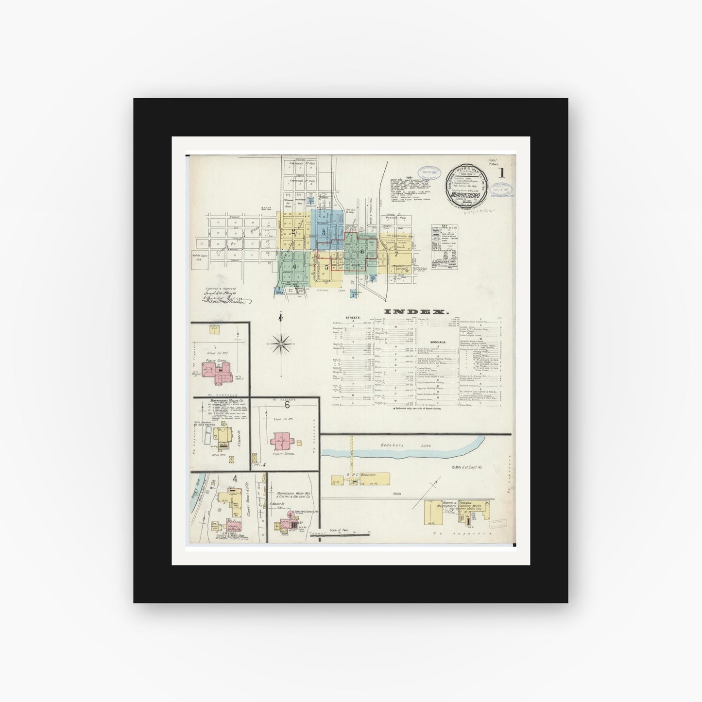 Old map wall art mockup — black gallery frame with white mat — Sanborn Fire Insurance Map from Murphysboro, Jackson County, Illinois (1897), Sheet #0001