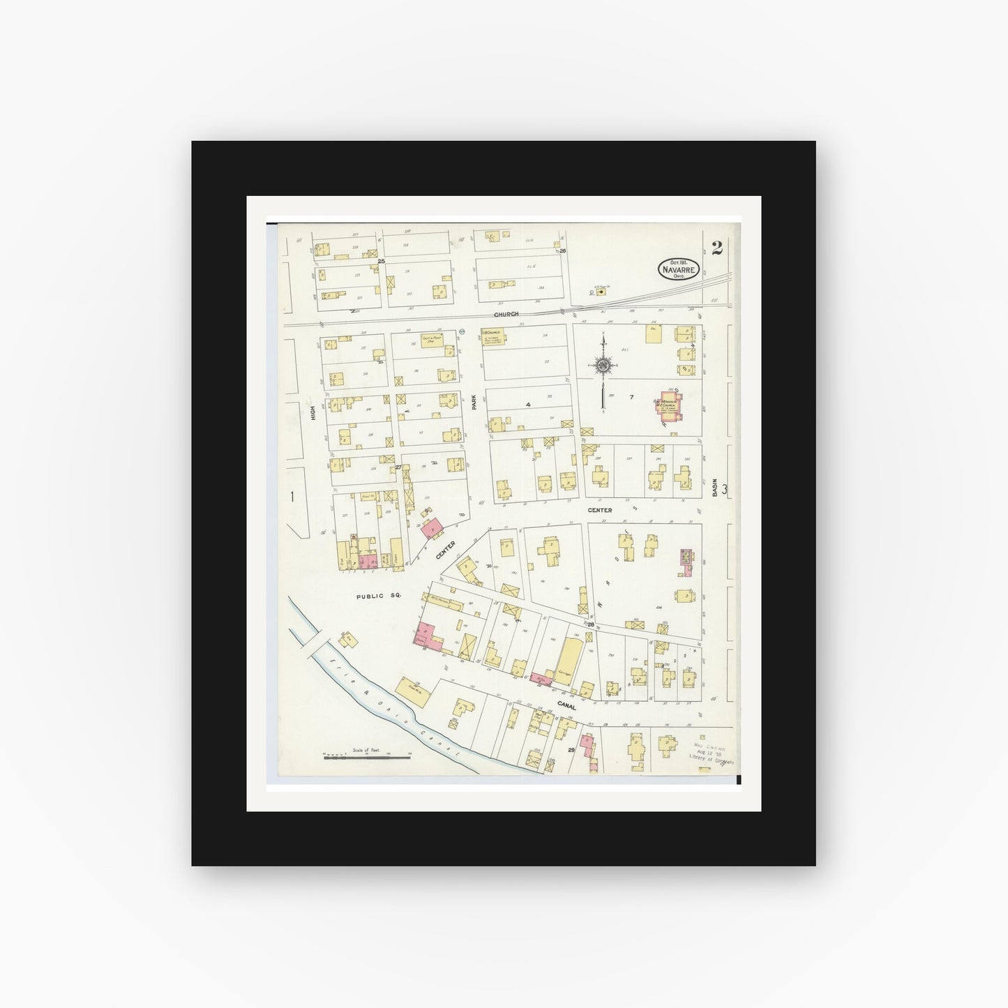 Old map wall art mockup — black gallery frame with white mat — Sanborn Fire Insurance Map from Navarre, Stark County, Ohio (1911), Sheet #0002