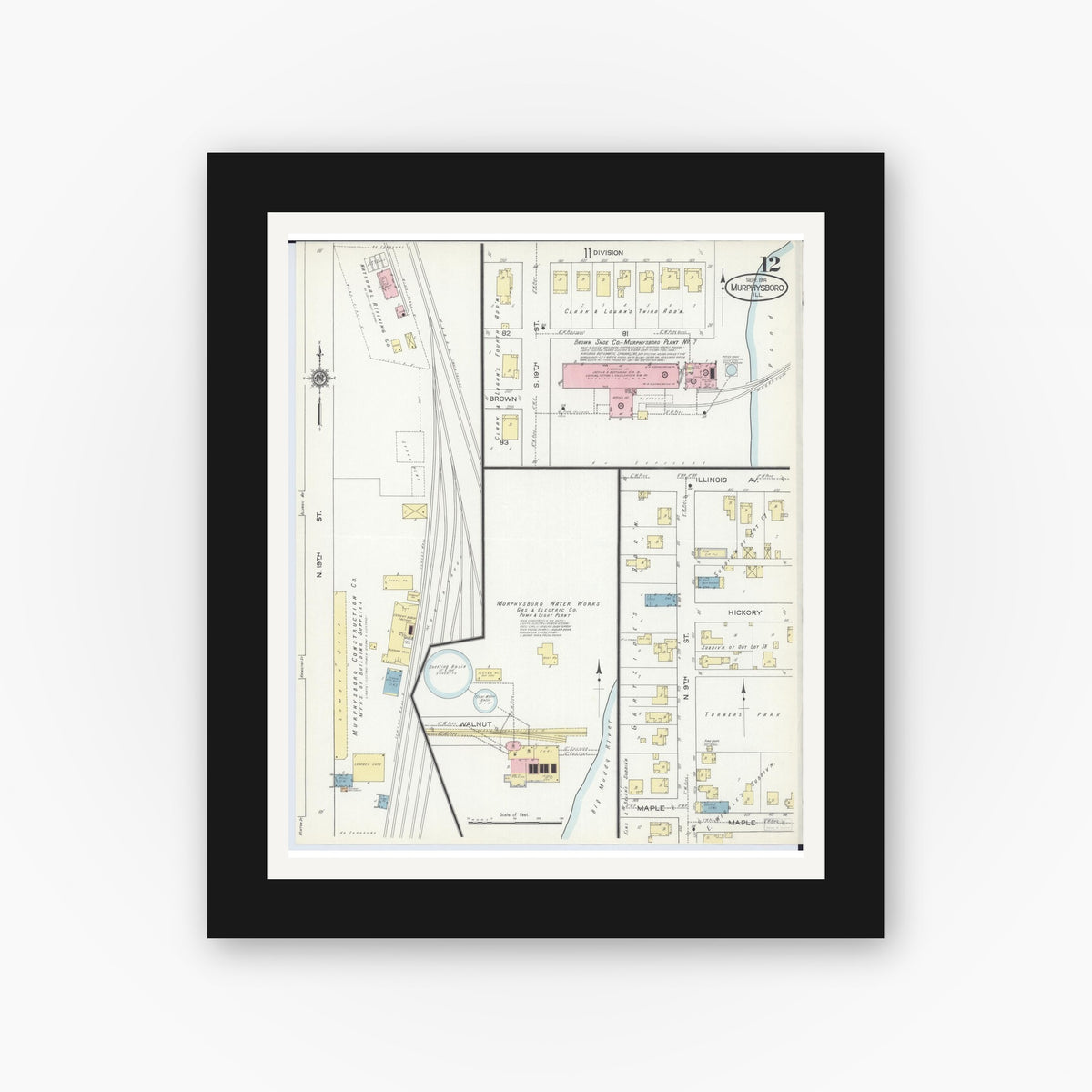 Old map wall art mockup — black gallery frame with white mat — Sanborn Fire Insurance Map from Murphysboro, Jackson County, Illinois (1914), Sheet #0012