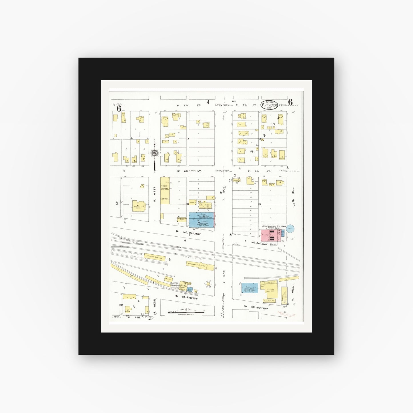 Old map wall art mockup β black gallery frame with white mat β Sanborn Fire Insurance Map from Spencer, Clay County, Iowa (1924), Sheet #0006