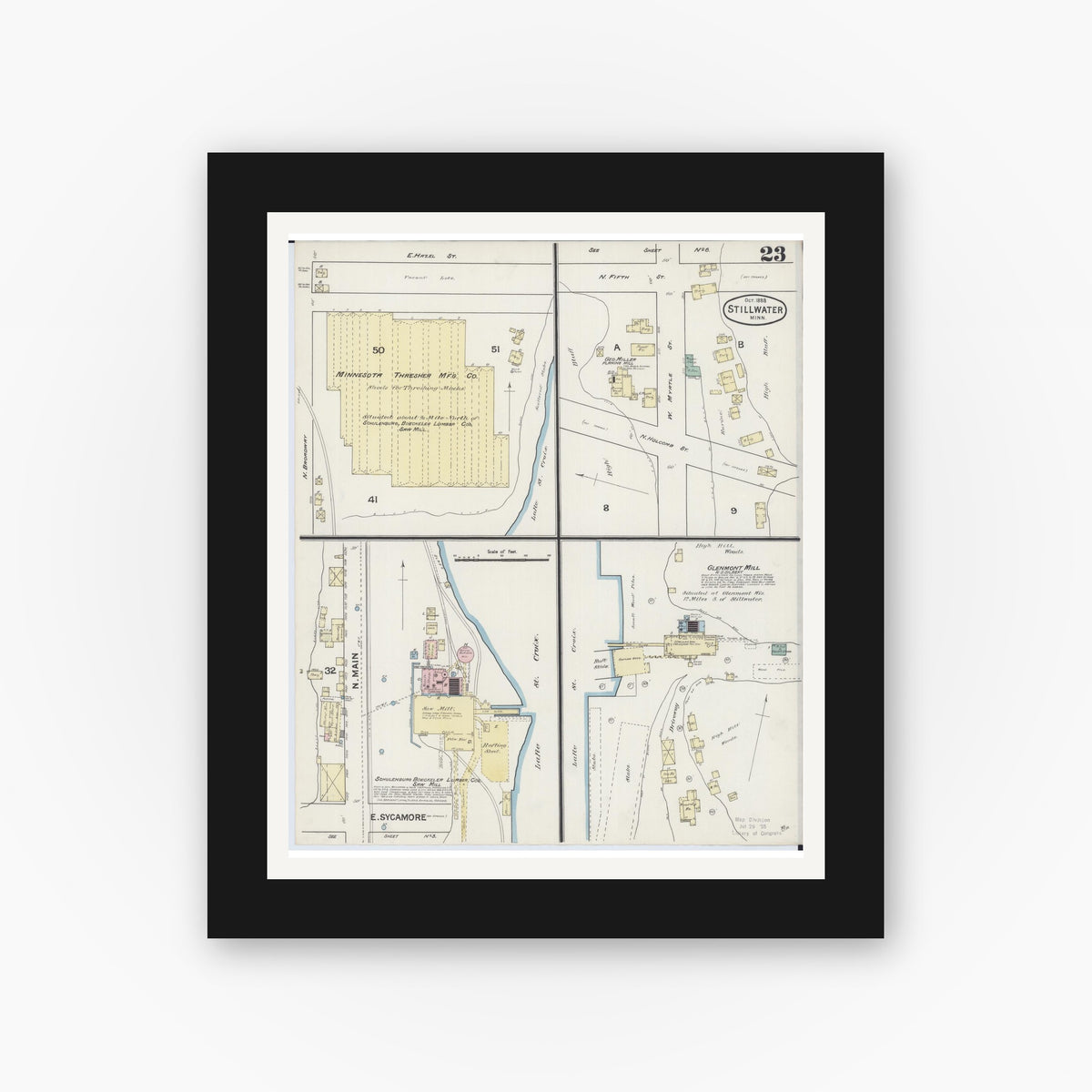 Old map wall art mockup — black gallery frame with white mat — Sanborn Fire Insurance Map from Stillwater, Washington County, Minnesota (1888), Sheet #0023