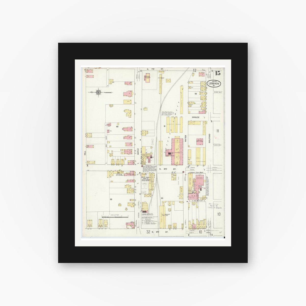 Old map wall art mockup — black gallery frame with white mat — Sanborn Fire Insurance Map from Lebanon, Lebanon County, Pennsylvania (1912), Sheet #0015