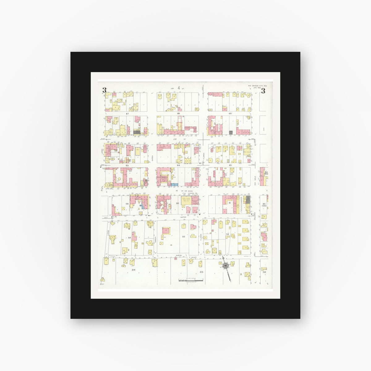 Old map wall art mockup — black gallery frame with white mat — Sanborn Fire Insurance Map from Rio Grande City, Starr County, Texas (1940), Sheet #0003