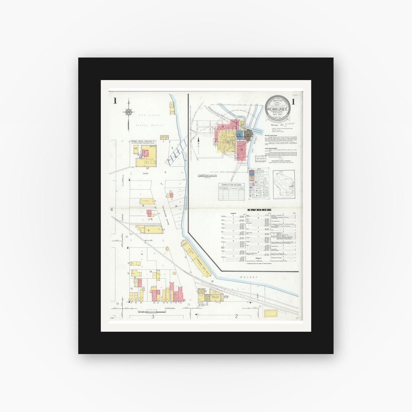 Old map wall art mockup — black gallery frame with white mat — Sanborn Fire Insurance Map from Kewaunee, Kewaunee County, Wisconsin (1933) - Complete Map Set