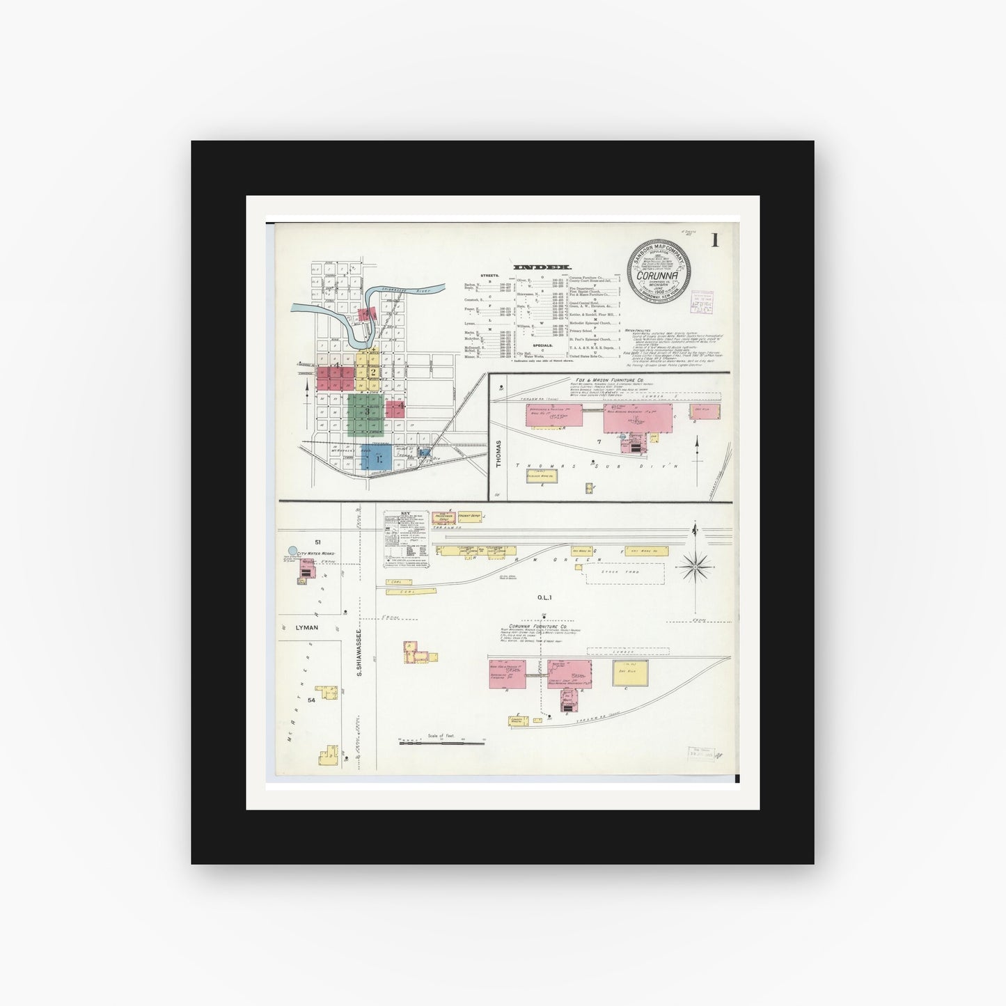 Old map wall art mockup — black gallery frame with white mat — Sanborn Fire Insurance Map from Corunna, Shiawassee County, Michigan (1908) - Complete Map Set