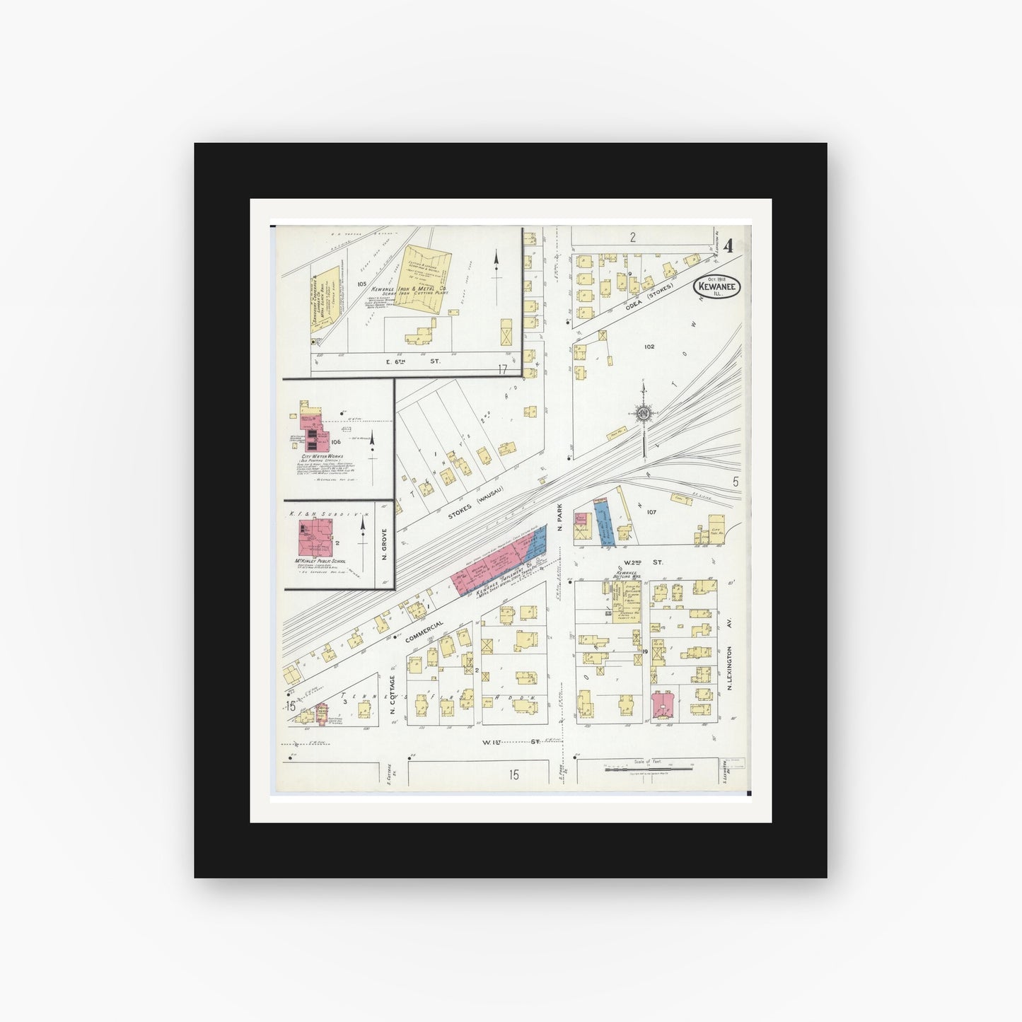 Old map wall art mockup — black gallery frame with white mat — Sanborn Fire Insurance Map from Kewanee, Henry County, Illinois (1918), Sheet #0004