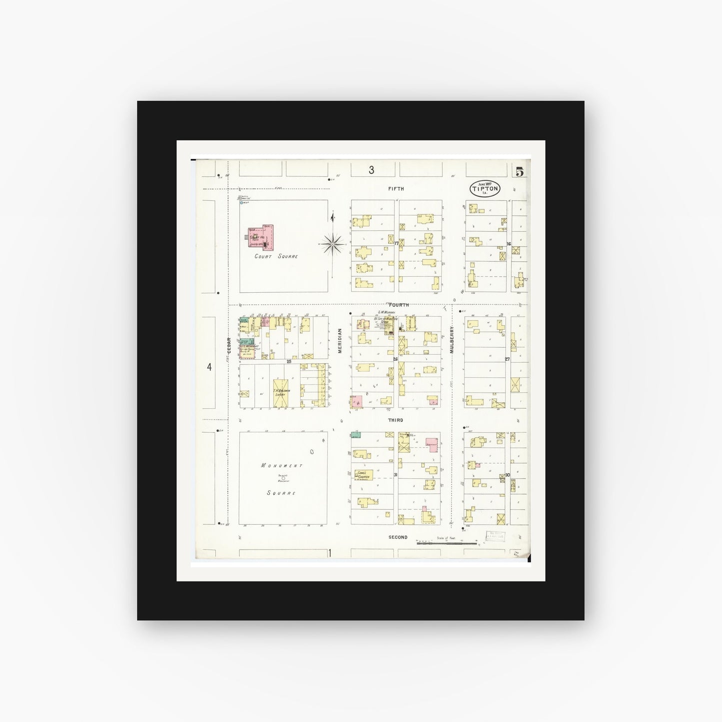 Old map wall art mockup — black gallery frame with white mat — Sanborn Fire Insurance Map from Tipton, Cedar County, Iowa (1897), Sheet #0005