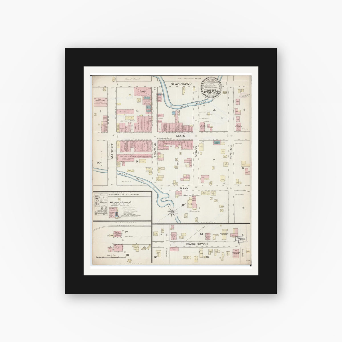 Old map wall art mockup — black gallery frame with white mat — Sanborn Fire Insurance Map from Weston, Platte County, Missouri (1886), Sheet #0001