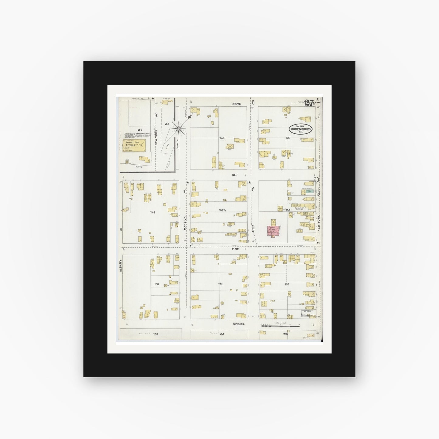Old map wall art mockup — black gallery frame with white mat — Sanborn Fire Insurance Map from Ogdensburg, St. Lawrence County, New York (1904), Sheet #0027