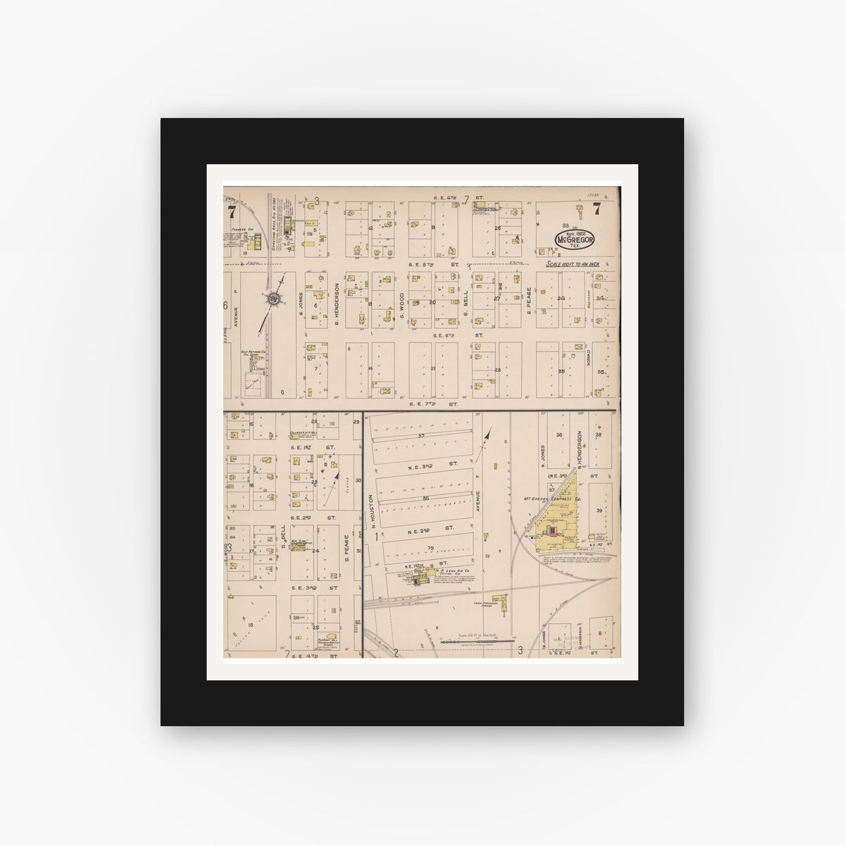 Old map wall art mockup — black gallery frame with white mat — Sanborn Fire Insurance Map from McGregor, McLennan County, Texas (1922), Sheet #0007