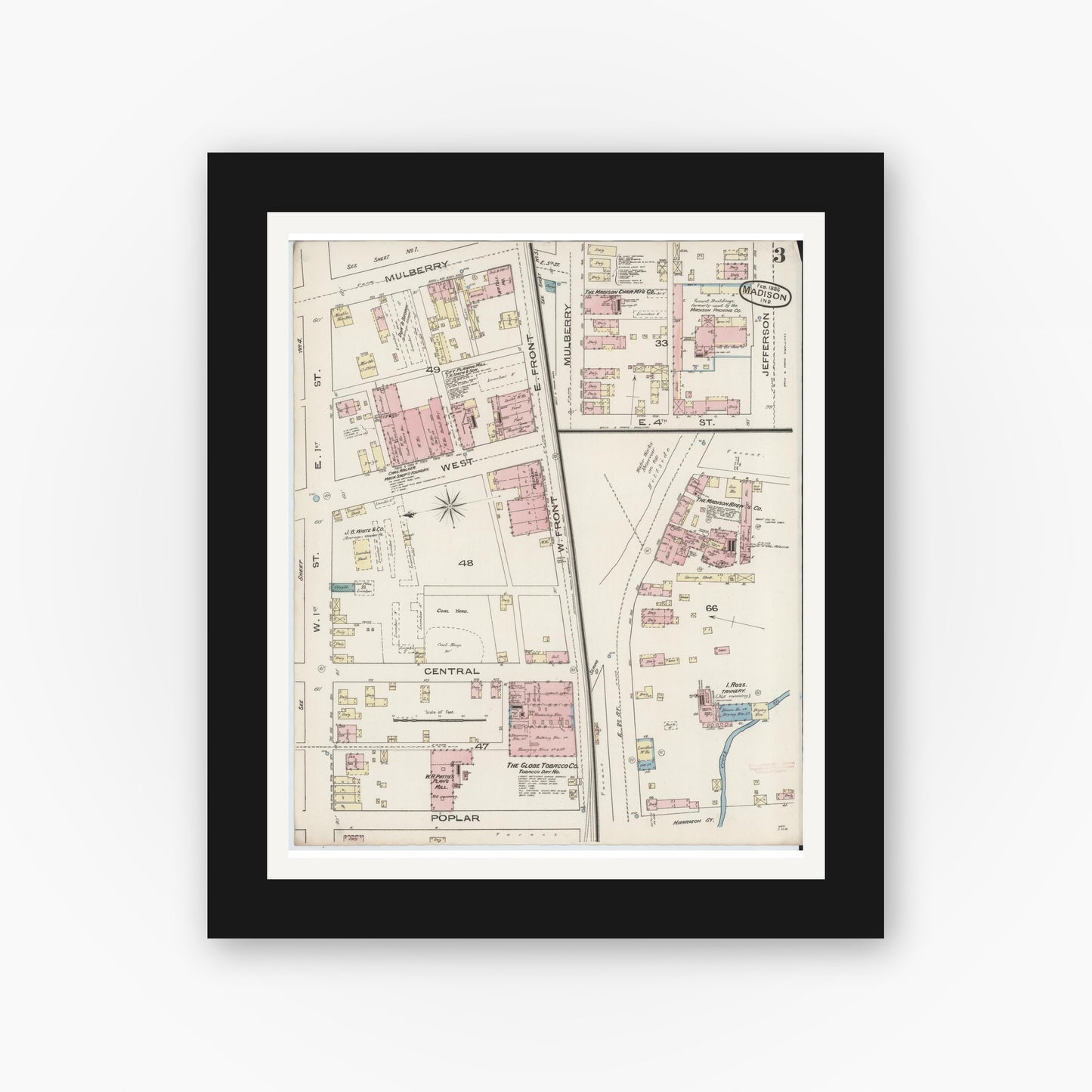 Old map wall art mockup — black gallery frame with white mat — Sanborn Fire Insurance Map from Madison, Jefferson County, Indiana (1886), Sheet #0003