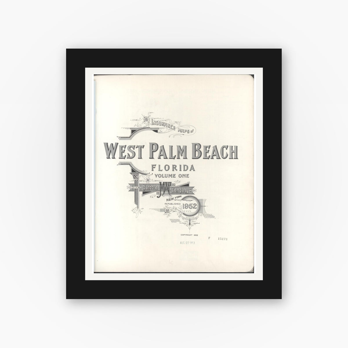 Old map wall art mockup — black gallery frame with white mat — Sanborn Fire Insurance Map from West Palm Beach, Dade County, Florida (1952), Sheet #0001