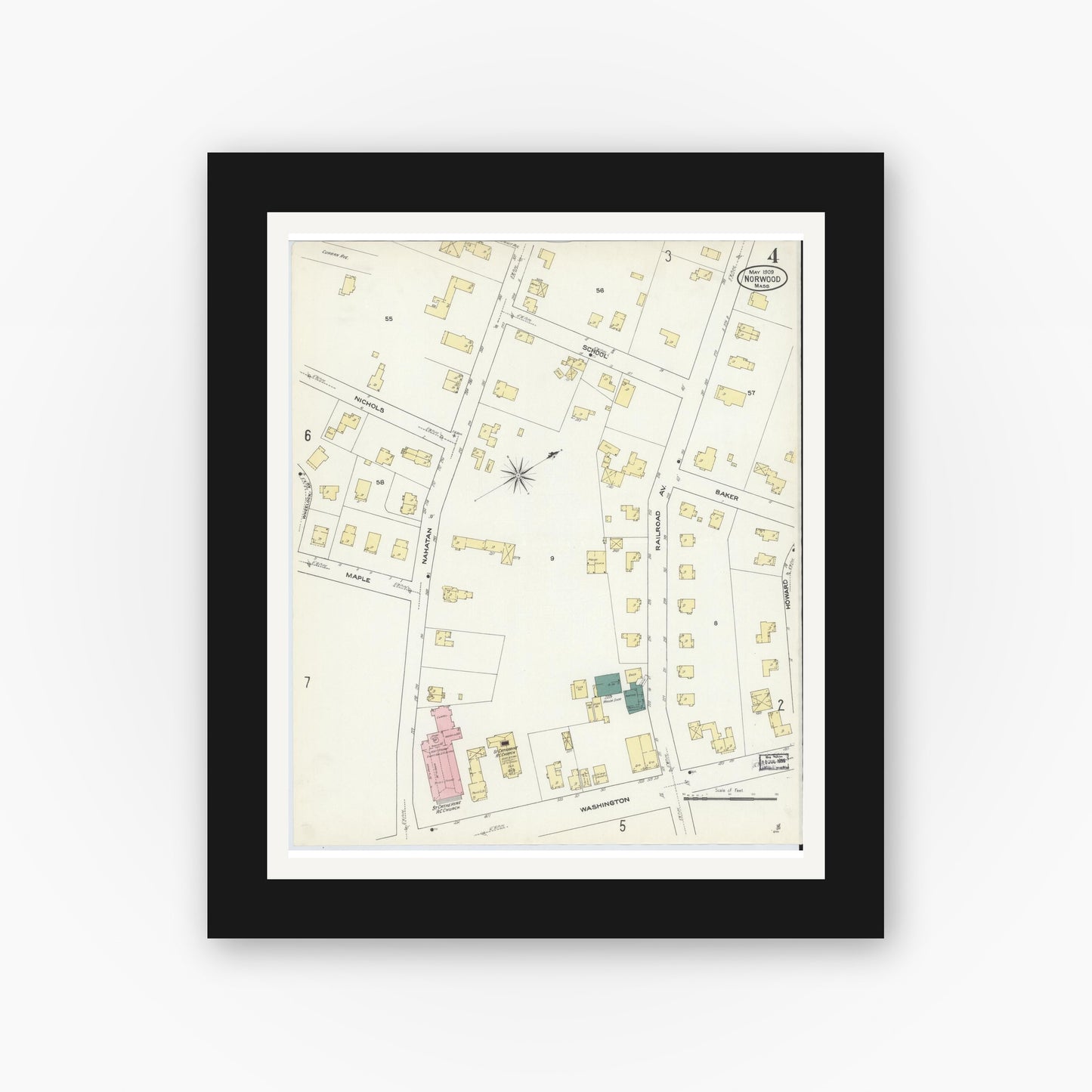 Old map wall art mockup — black gallery frame with white mat — Sanborn Fire Insurance Map from Norwood, Norfolk County, Massachusetts (1909), Sheet #0004