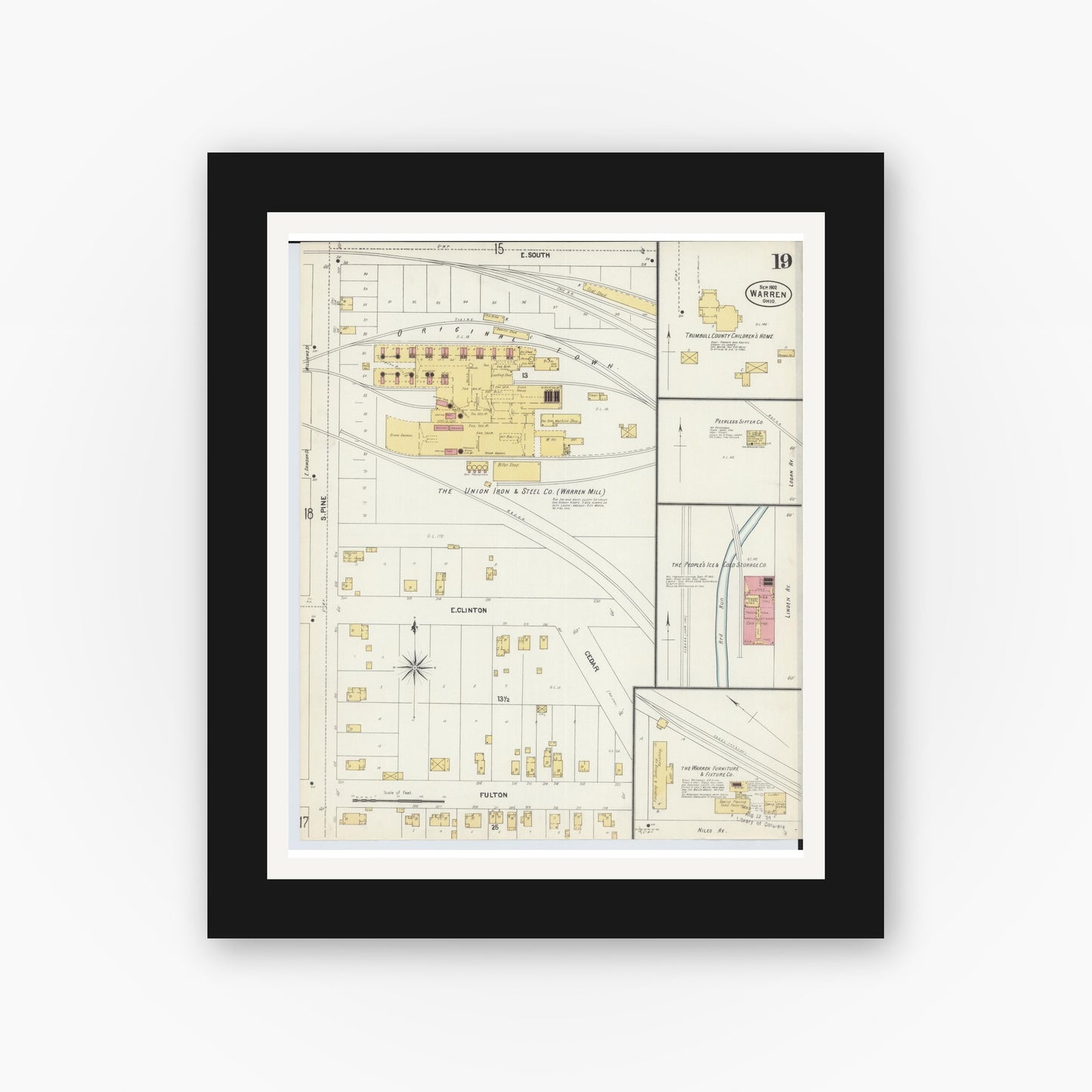 Old map wall art mockup — black gallery frame with white mat — Sanborn Fire Insurance Map from Warren, Trumbull County, Ohio (1902), Sheet #0019