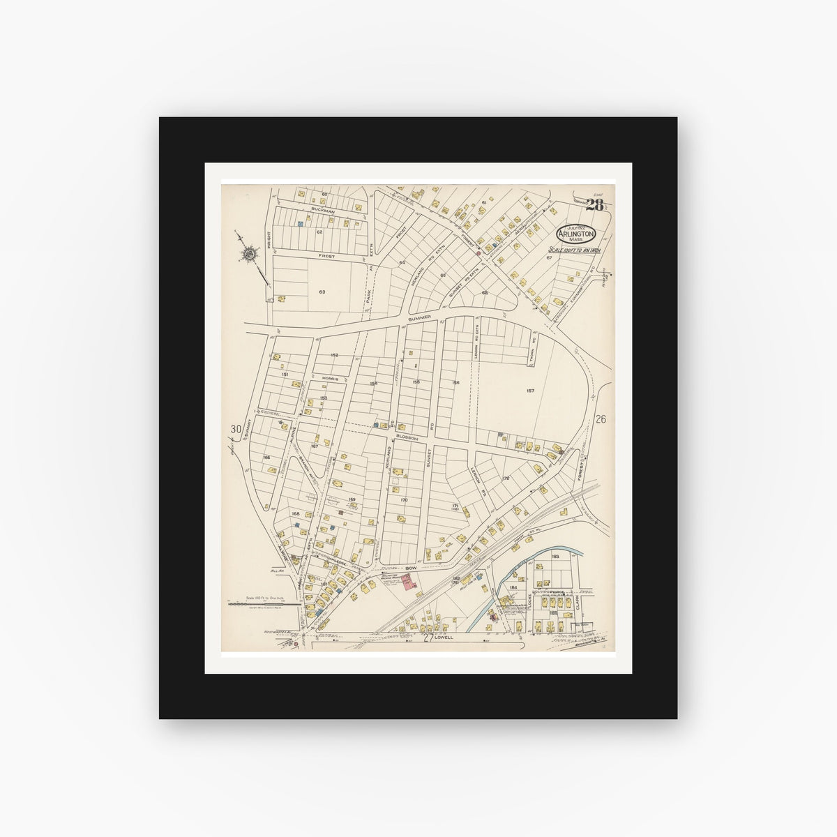 Old map wall art mockup — black gallery frame with white mat — Sanborn Fire Insurance Map from Arlington, Middlesex County, Massachusetts (1922), Sheet #0028
