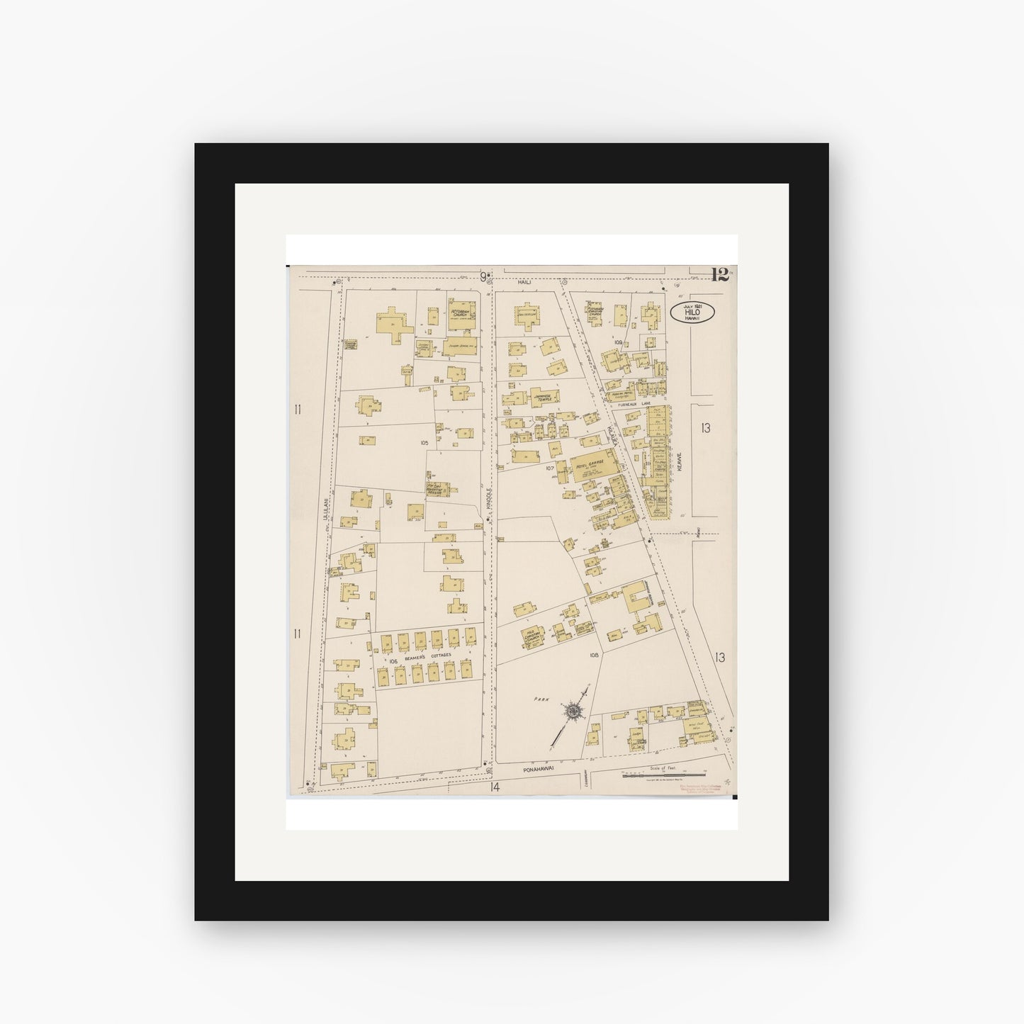 Old map wall art mockup — black gallery frame with white mat — Sanborn Fire Insurance Map from Hilo, Hawaii County, Hawaii (1921), Sheet #0012