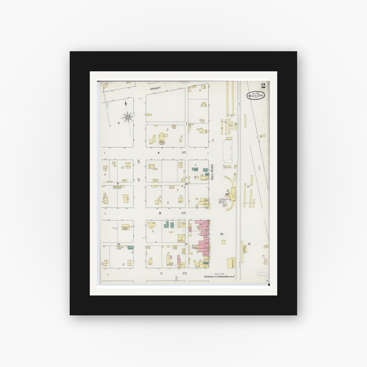 Old map wall art mockup — black gallery frame with white mat — Sanborn Fire Insurance Map from Macon, Macon County, Illinois (1893), Sheet #0002