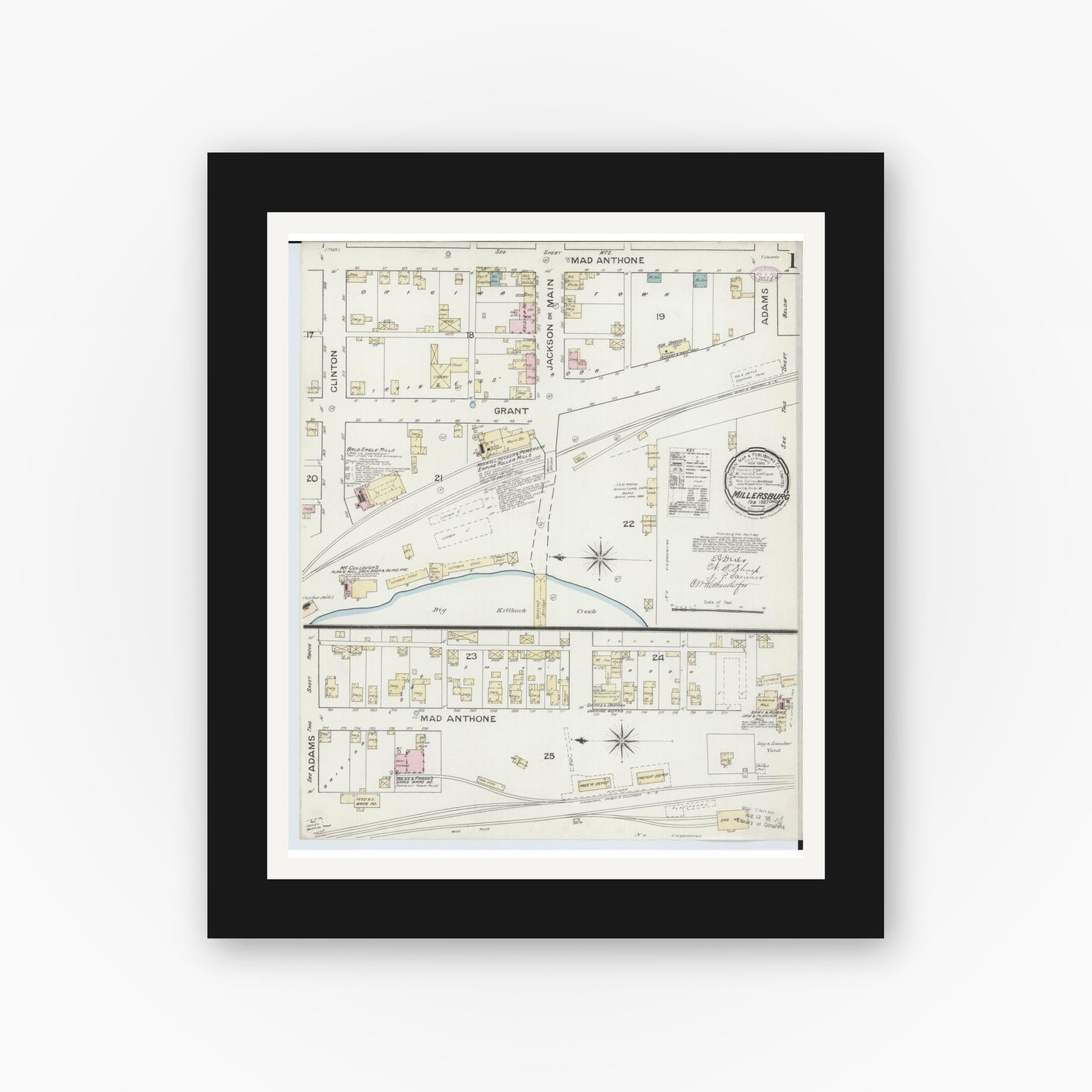 Old map wall art mockup — black gallery frame with white mat — Sanborn Fire Insurance Map from Millersburg, Holmes County, Ohio (1887) - Complete Map Set