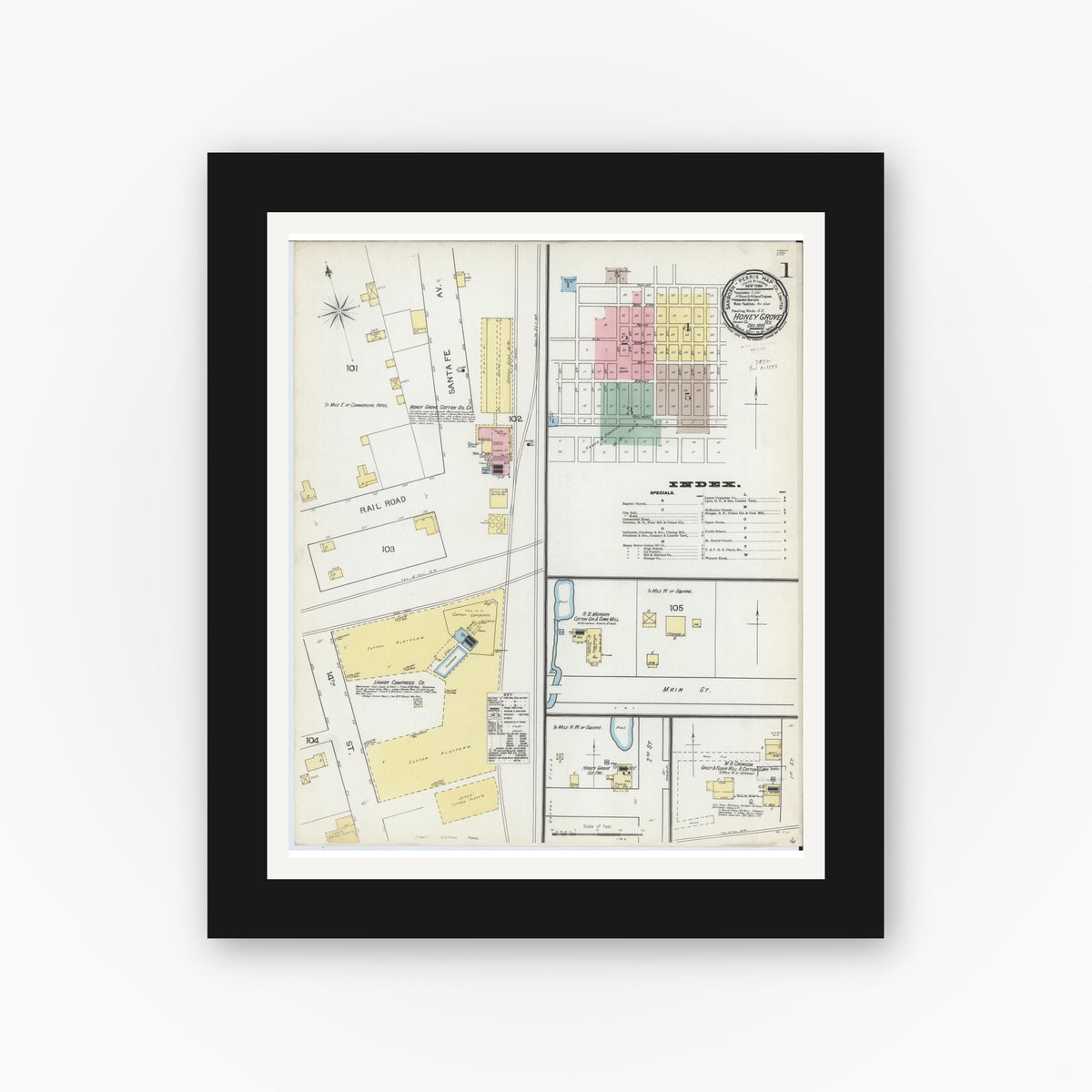 Old map wall art mockup — black gallery frame with white mat — Sanborn Fire Insurance Map from Honey Grove, Fannin County, Texas (1892), Sheet #0001