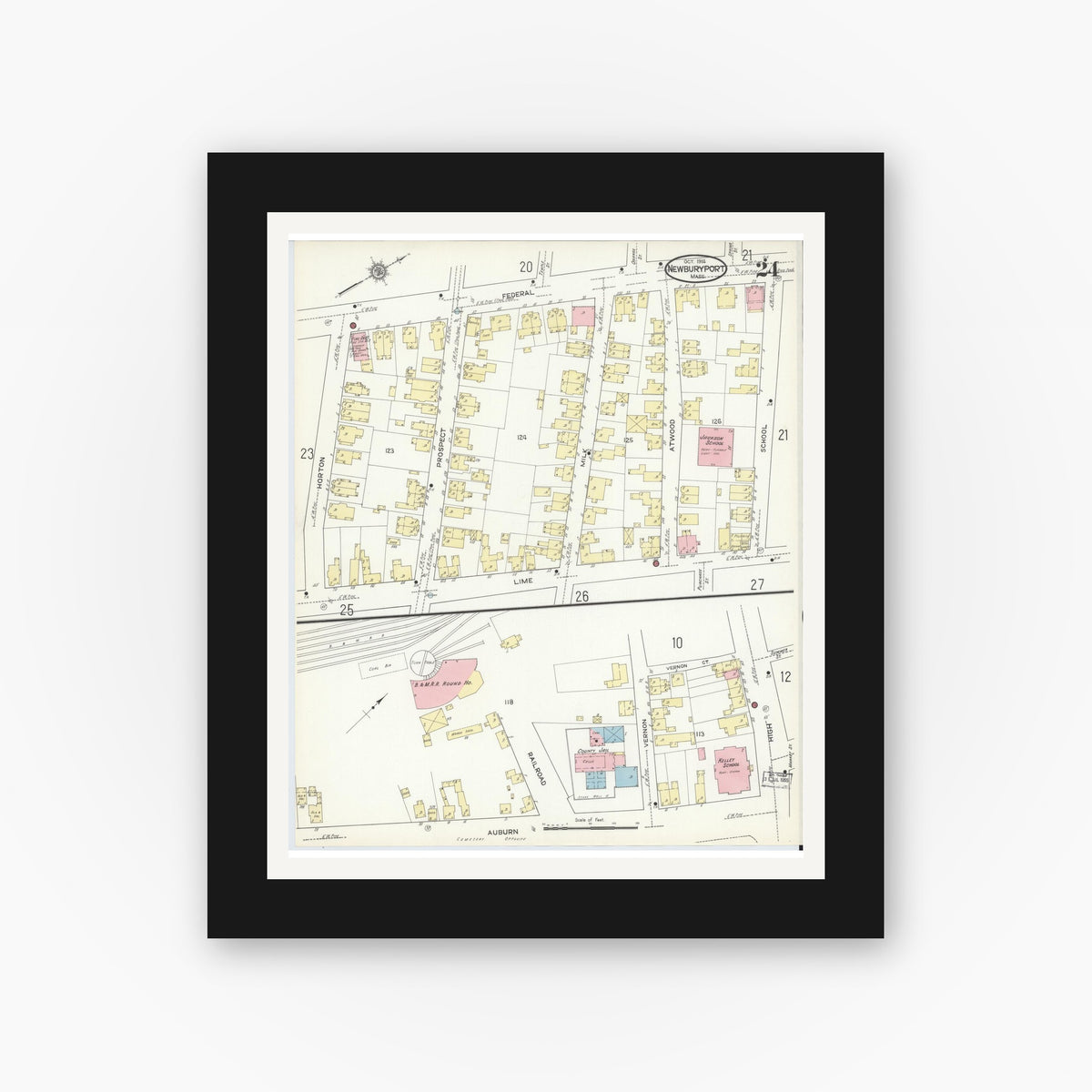 Old map wall art mockup — black gallery frame with white mat — Sanborn Fire Insurance Map from Newburyport, Essex County, Massachusetts (1914), Sheet #0024