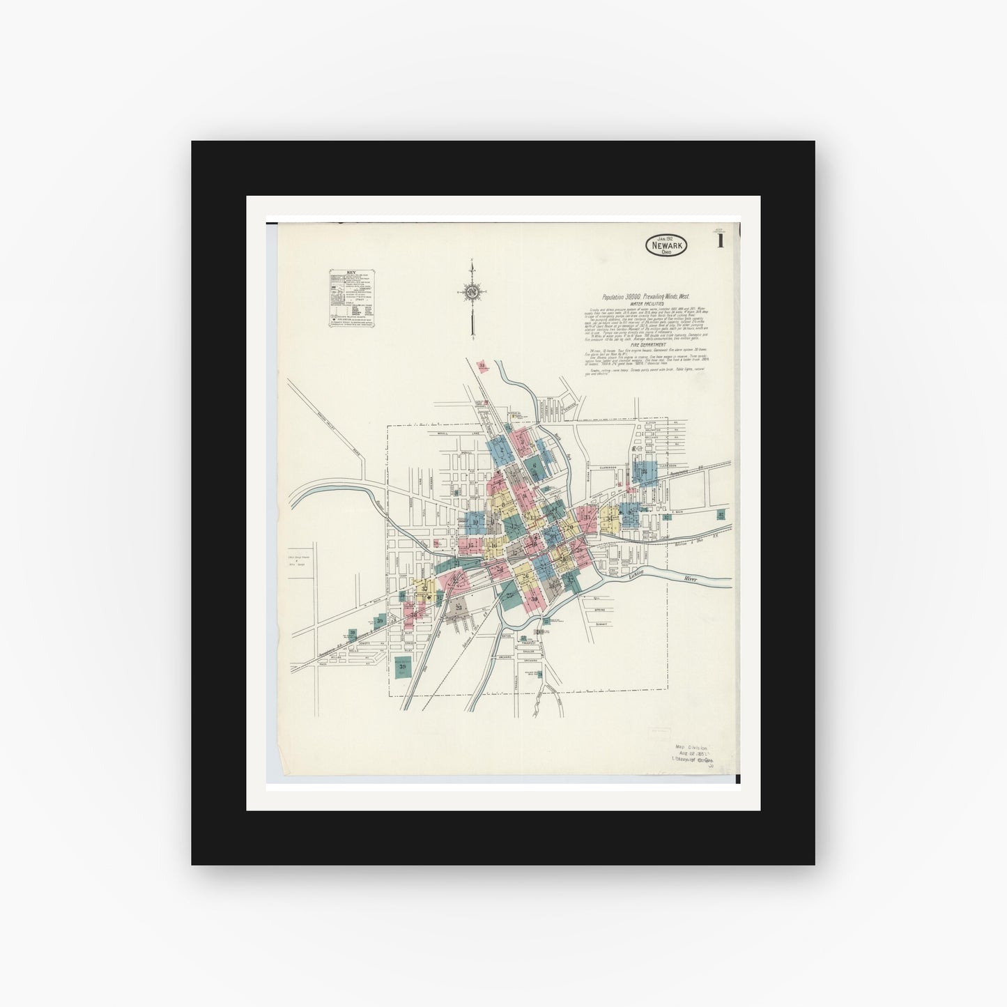 Old map wall art mockup — black gallery frame with white mat — Sanborn Fire Insurance Map from Newark, Licking County, Ohio (1912), Sheet #0001
