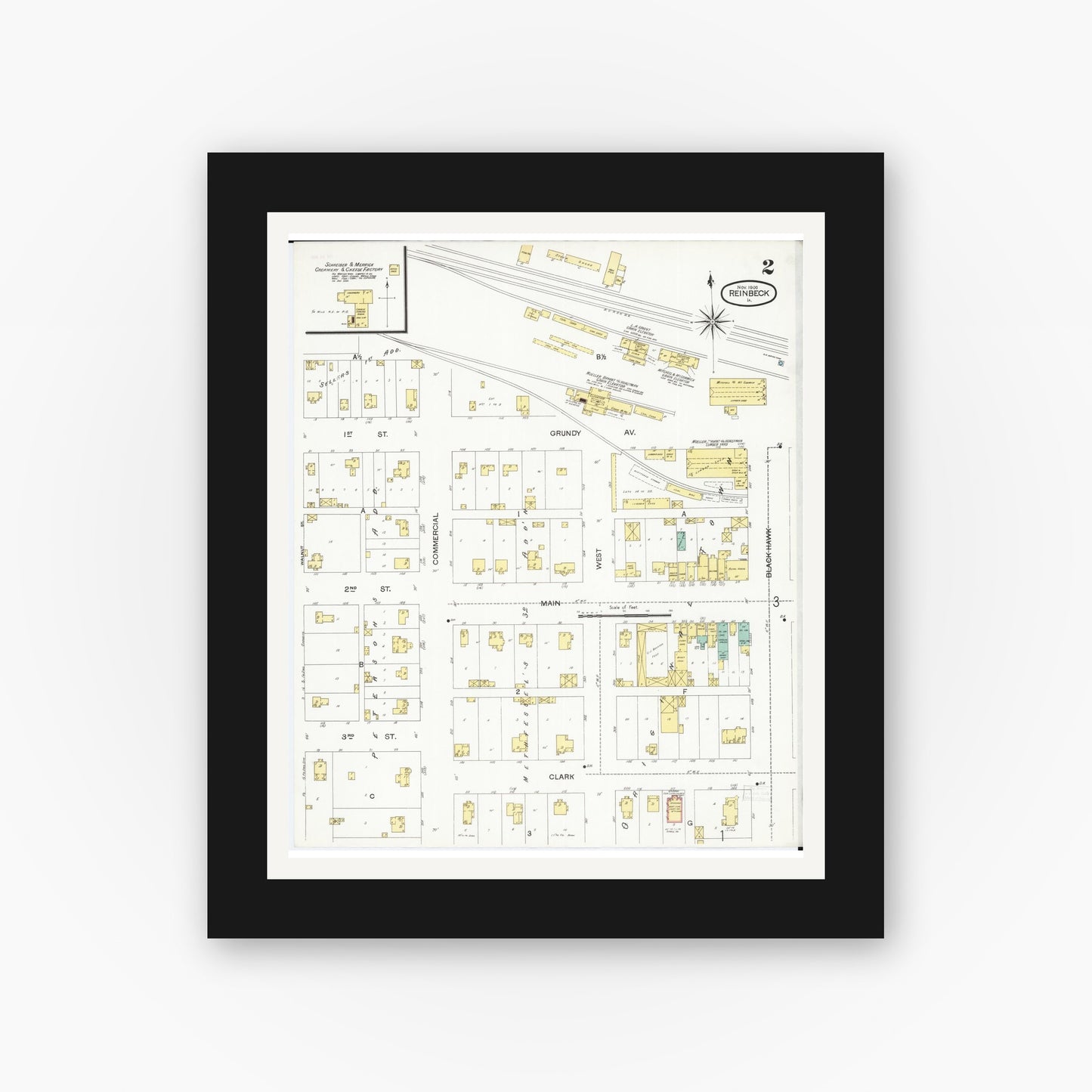 Old map wall art mockup β black gallery frame with white mat β Sanborn Fire Insurance Map from Reinbeck, Grundy County, Iowa (1900), Sheet #0002