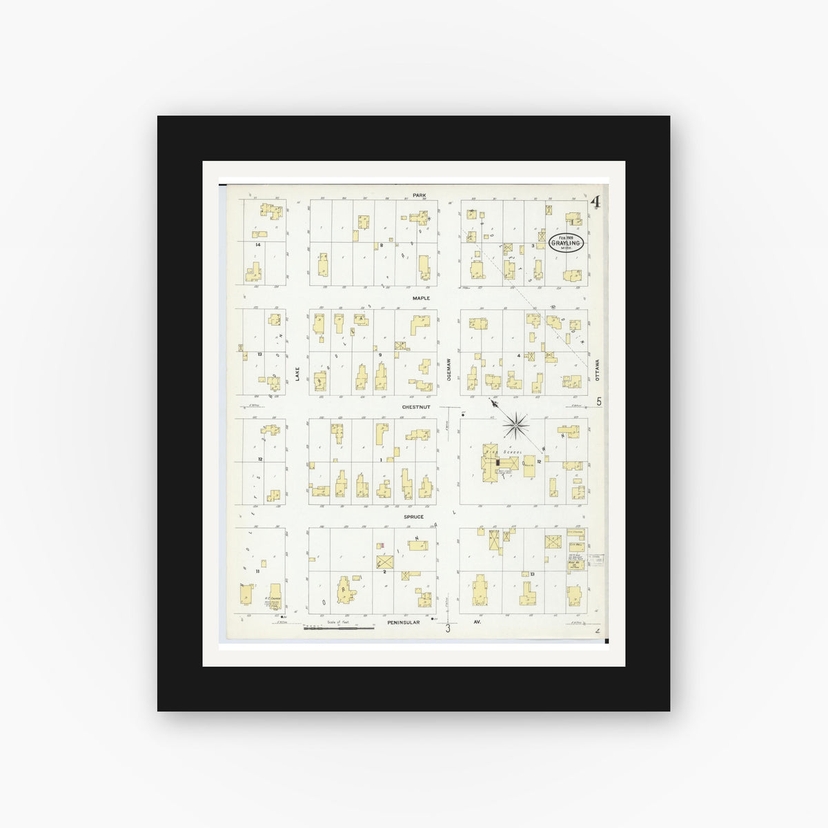 Old map wall art mockup — black gallery frame with white mat — Sanborn Fire Insurance Map from Grayling, Crawford County, Michigan (1909), Sheet #0004