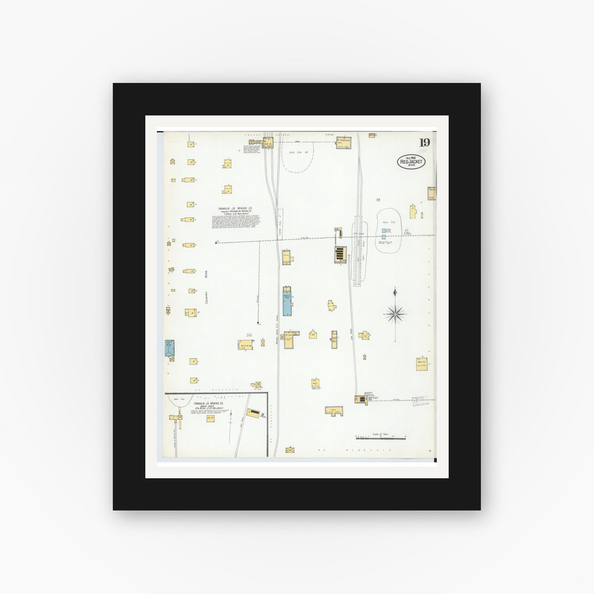 Old map wall art mockup — black gallery frame with white mat — Sanborn Fire Insurance Map from Red Jacket, Houghton County, Michigan (1900), Sheet #0019