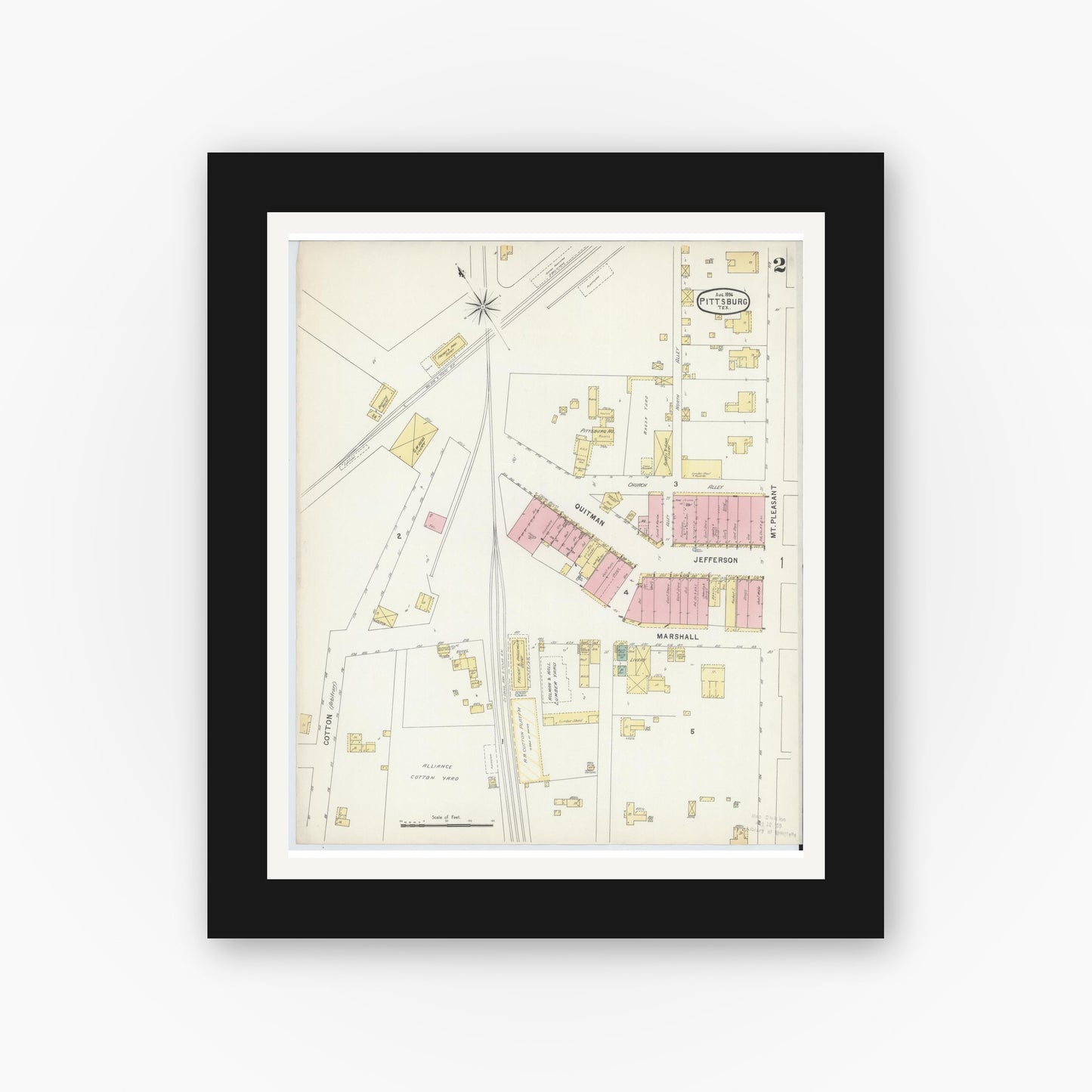 Old map wall art mockup — black gallery frame with white mat — Sanborn Fire Insurance Map from Pittsburg, Camp County, Texas (1896), Sheet #0002