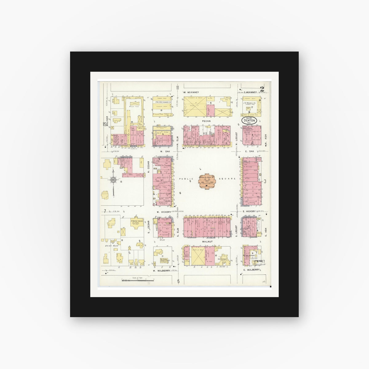 Old map wall art mockup — black gallery frame with white mat — Sanborn Fire Insurance Map from Denton, Denton County, Texas (1912), Sheet #0002