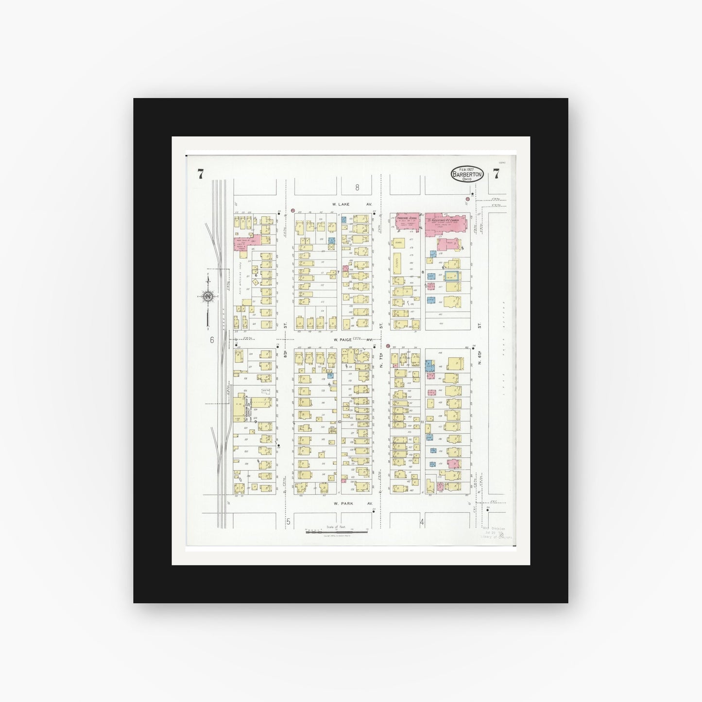 Old map wall art mockup — black gallery frame with white mat — Sanborn Fire Insurance Map from Barberton, Summit County, Ohio (1927), Sheet #0007