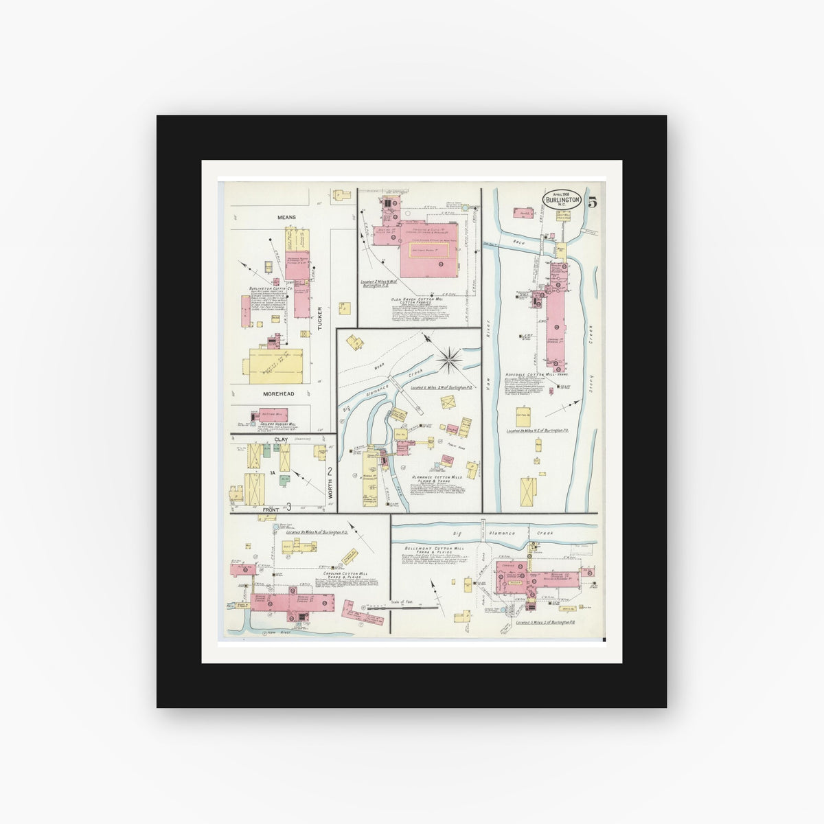 Old map wall art mockup — black gallery frame with white mat — Sanborn Fire Insurance Map from Burlington, Alamance County, North Carolina (1908), Sheet #0005