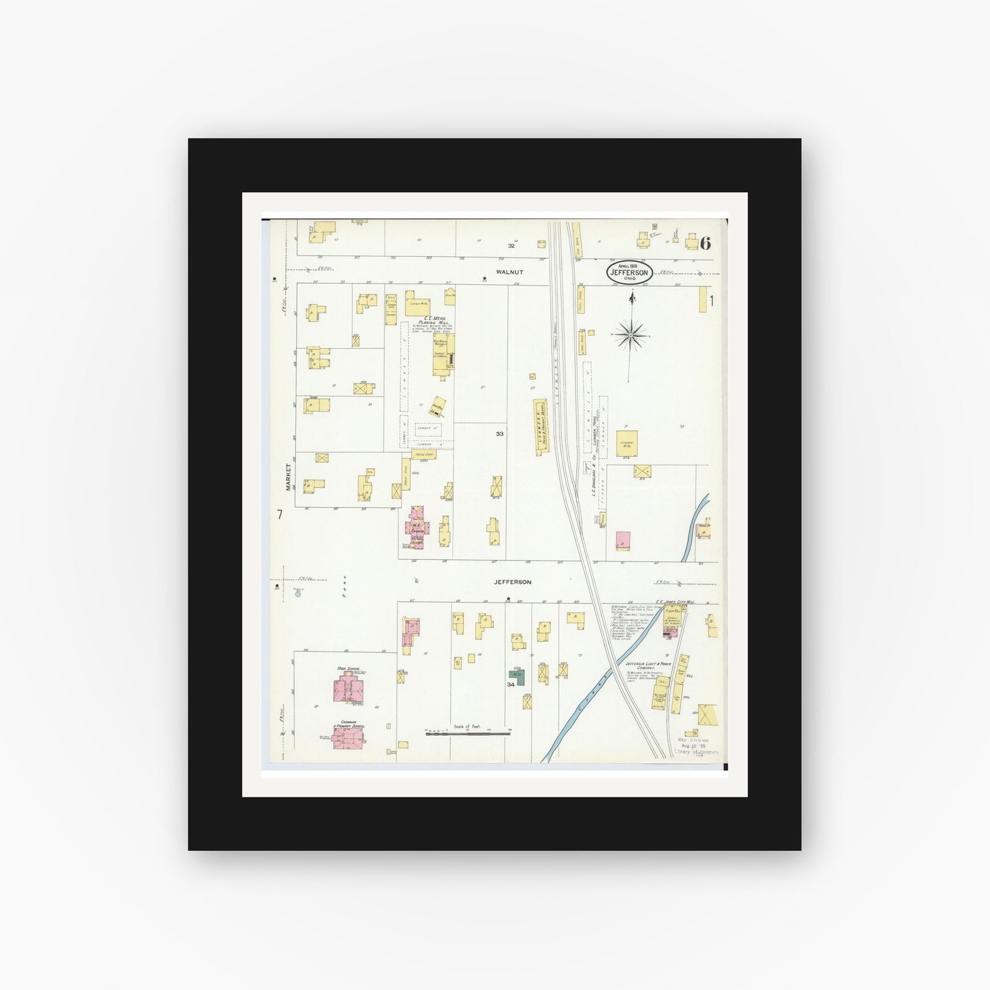 Old map wall art mockup — black gallery frame with white mat — Sanborn Fire Insurance Map from Jefferson, Ashtabula County, Ohio (1909), Sheet #0006