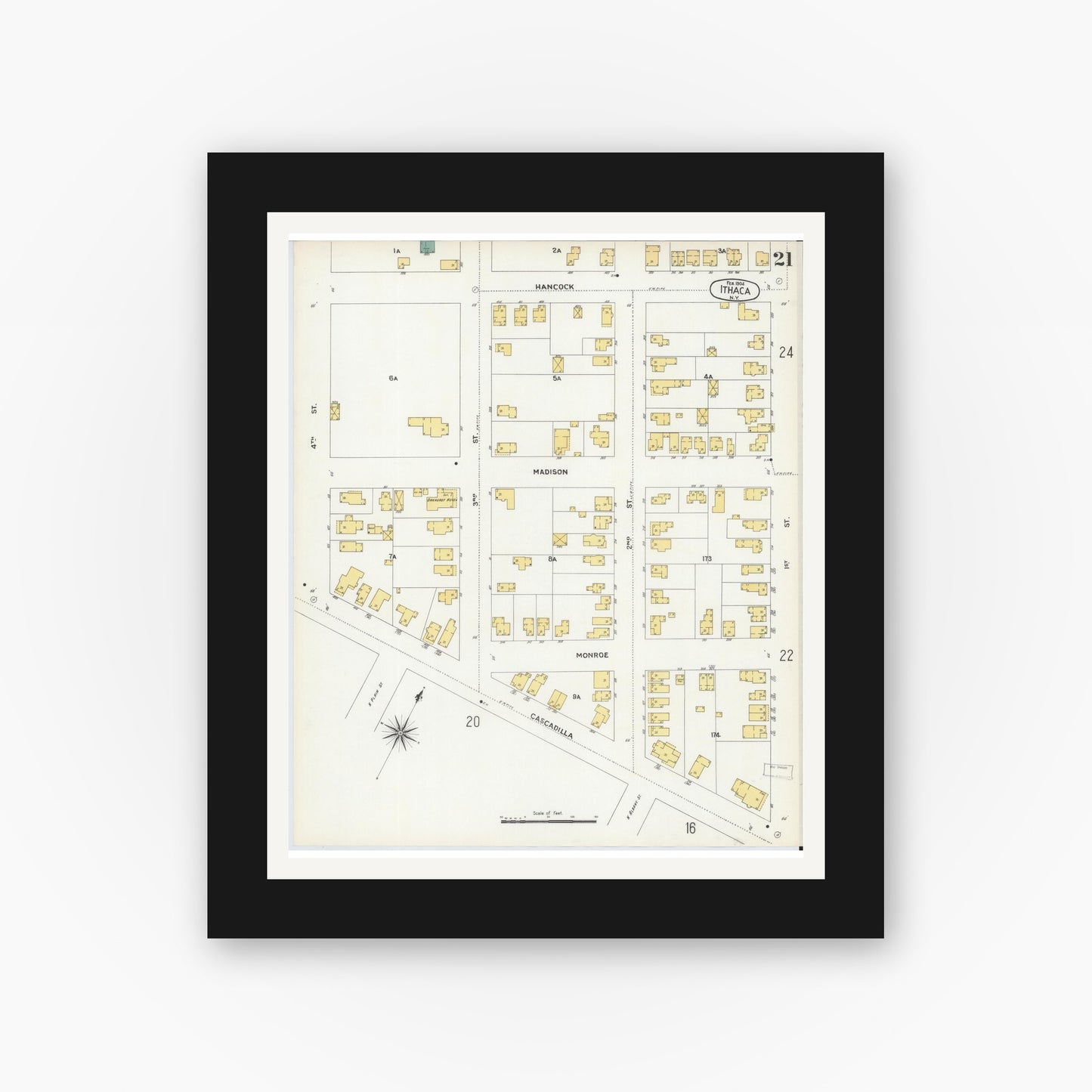 Old map wall art mockup — black gallery frame with white mat — Sanborn Fire Insurance Map from Ithaca, Tompkins County, New York (1904), Sheet #0021