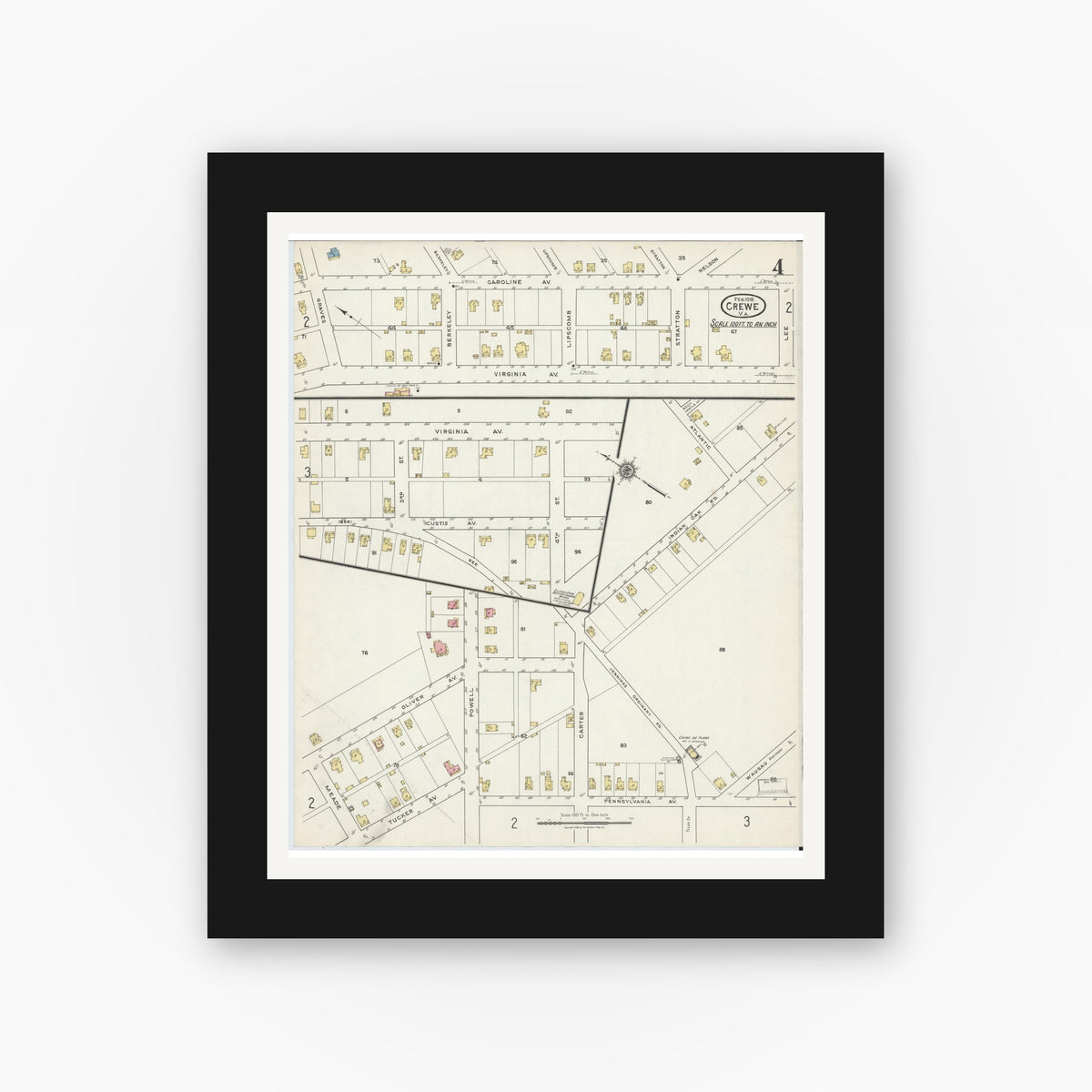 Old map wall art mockup — black gallery frame with white mat — Sanborn Fire Insurance Map from Crewe, Nottoway County, Virginia (1918), Sheet #0004