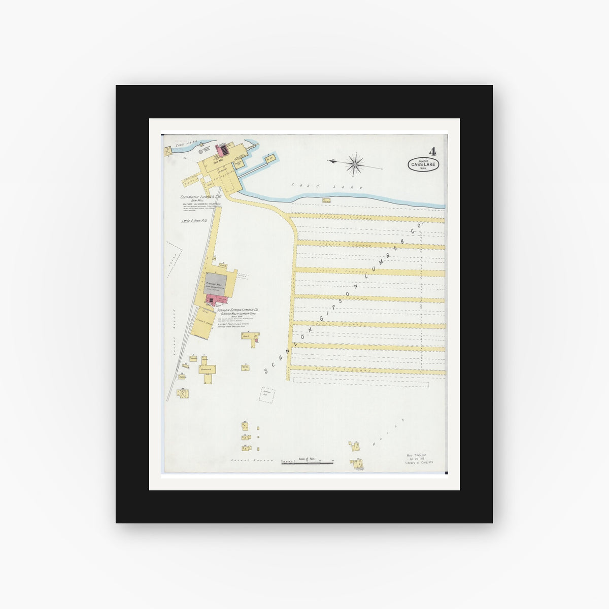Old map wall art mockup — black gallery frame with white mat — Sanborn Fire Insurance Map from Cass Lake, Cass County, Minnesota (1900), Sheet #0004