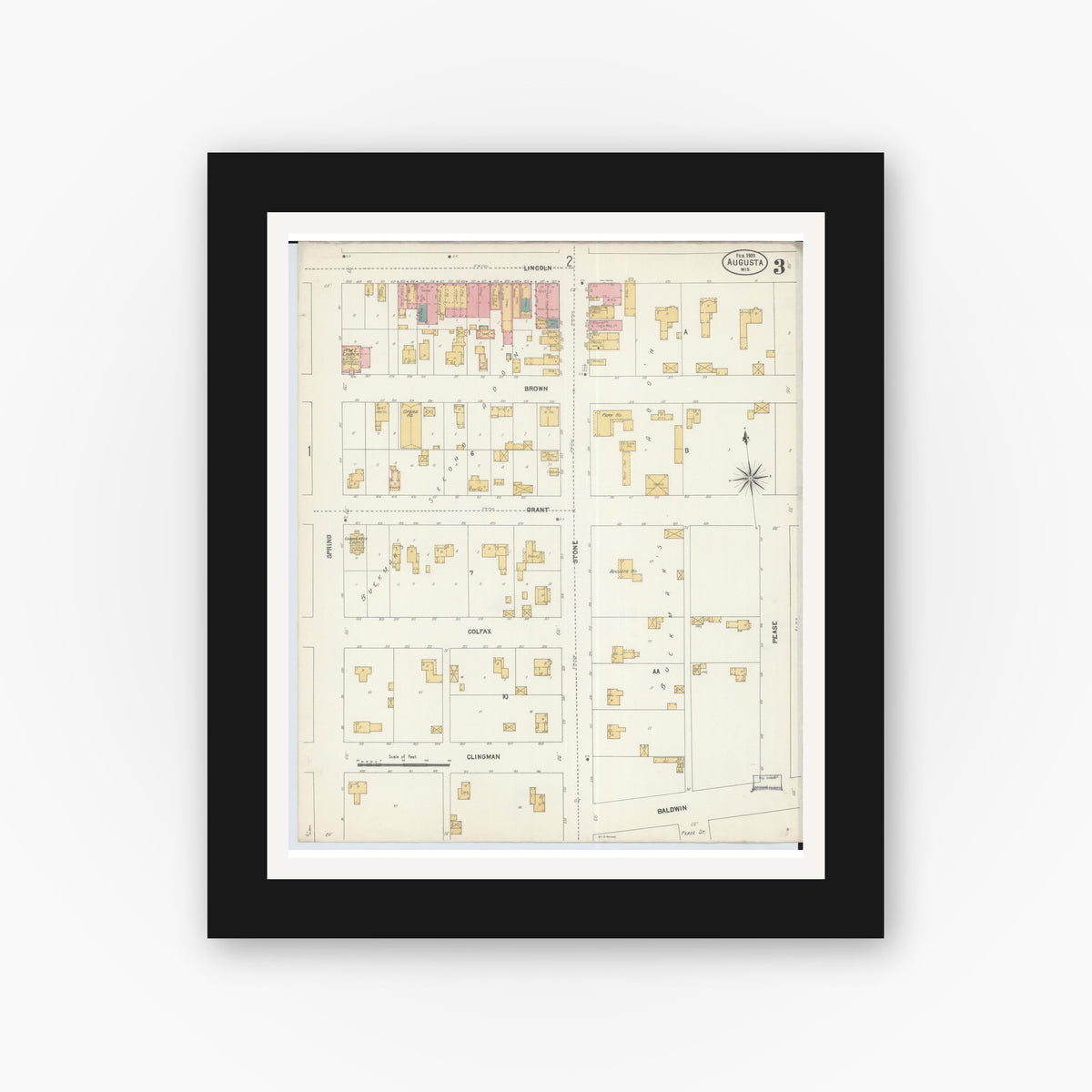Old map wall art mockup — black gallery frame with white mat — Sanborn Fire Insurance Map from Augusta, Eau Claire County, Wisconsin (1903), Sheet #0003