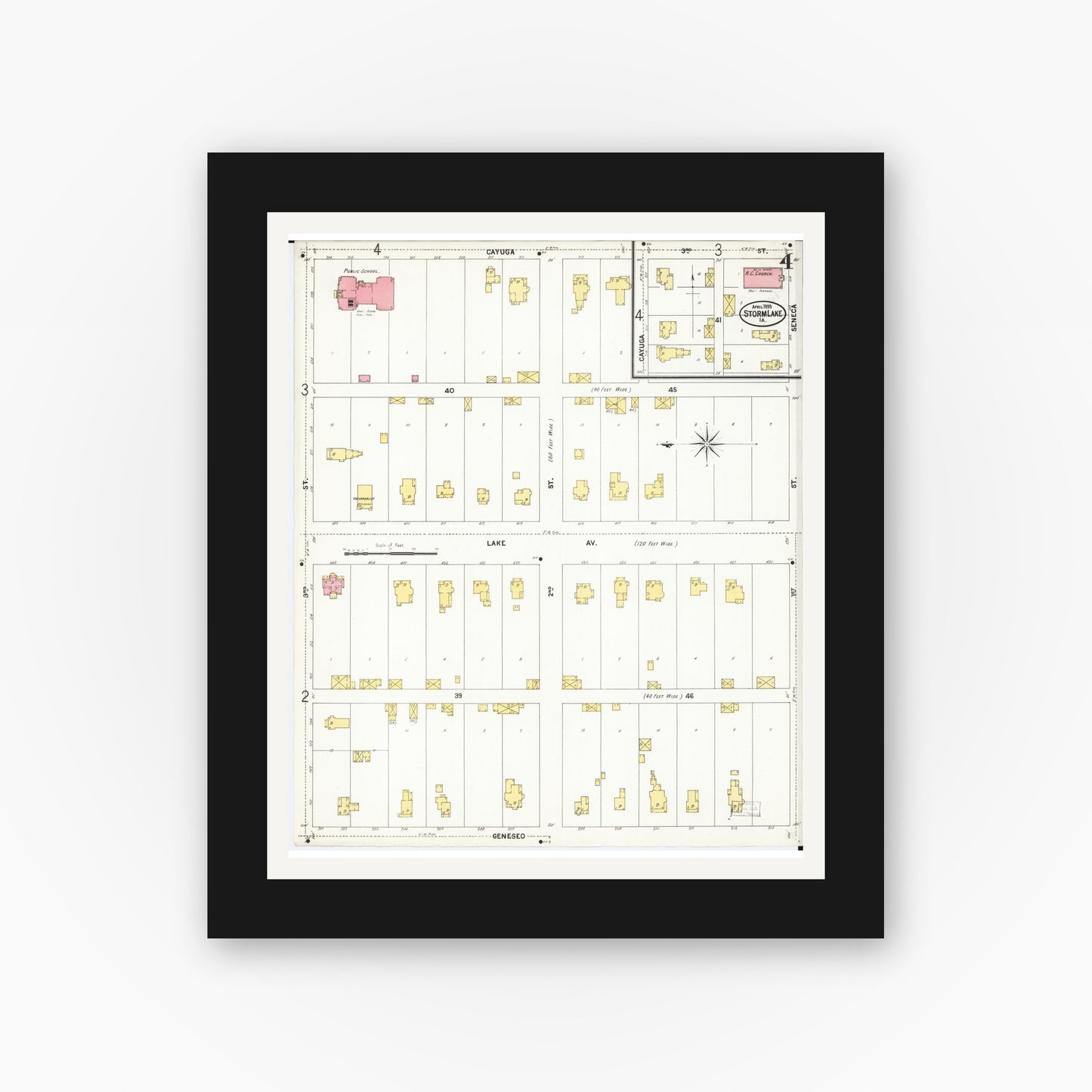 Old map wall art mockup β black gallery frame with white mat β Sanborn Fire Insurance Map from Storm Lake, Buena Vista County, Iowa (1899), Sheet #0004