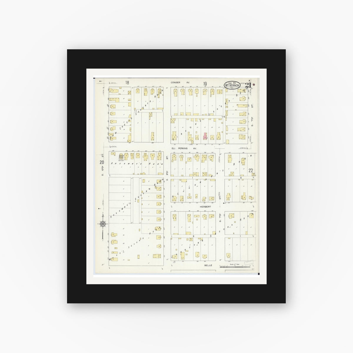 Old map wall art mockup — black gallery frame with white mat — Sanborn Fire Insurance Map from Mount Vernon, Jefferson County, Illinois (1913), Sheet #0021