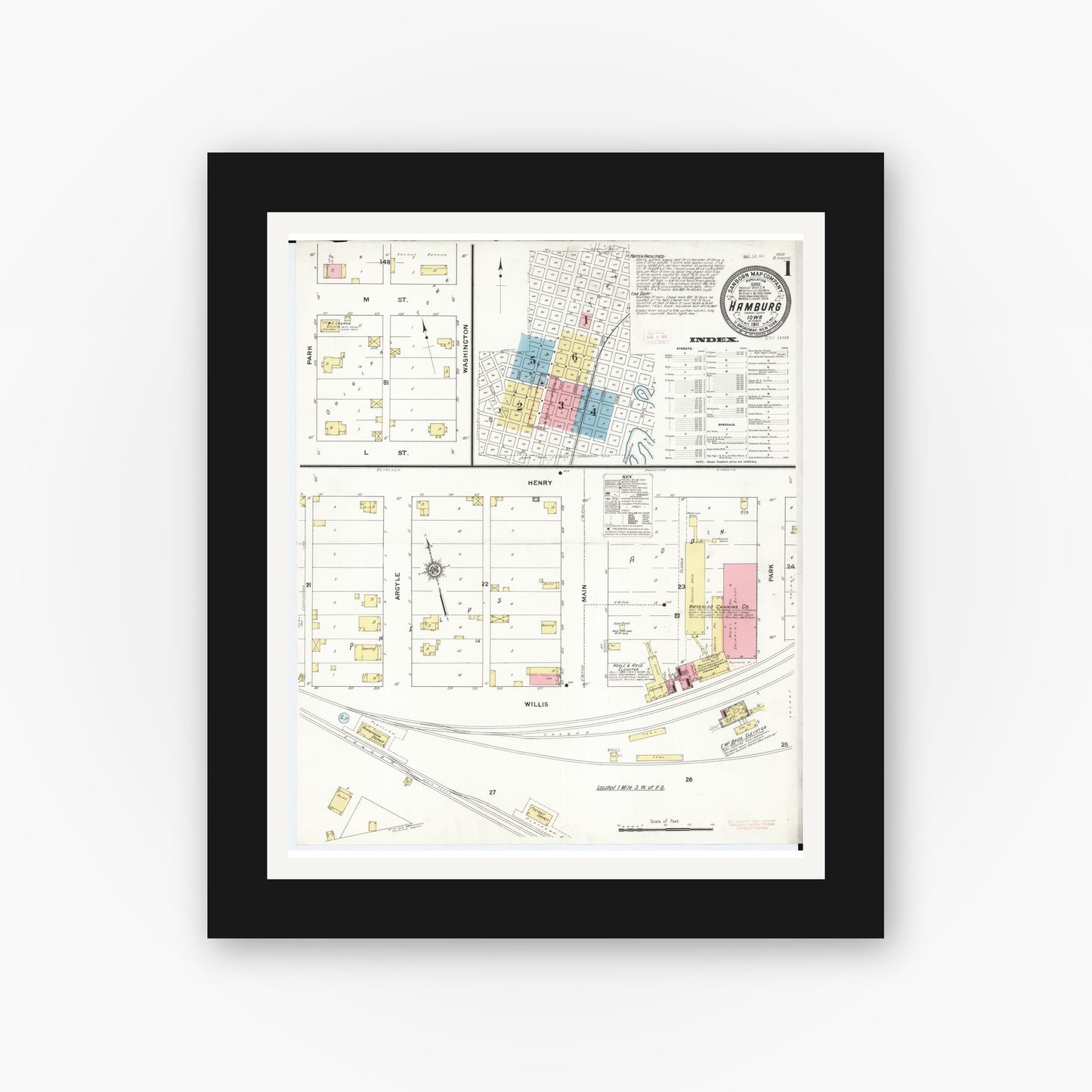 Old map wall art mockup — black gallery frame with white mat — Sanborn Fire Insurance Map from Hamburg, Fremont County, Iowa (1911) — Complete Set