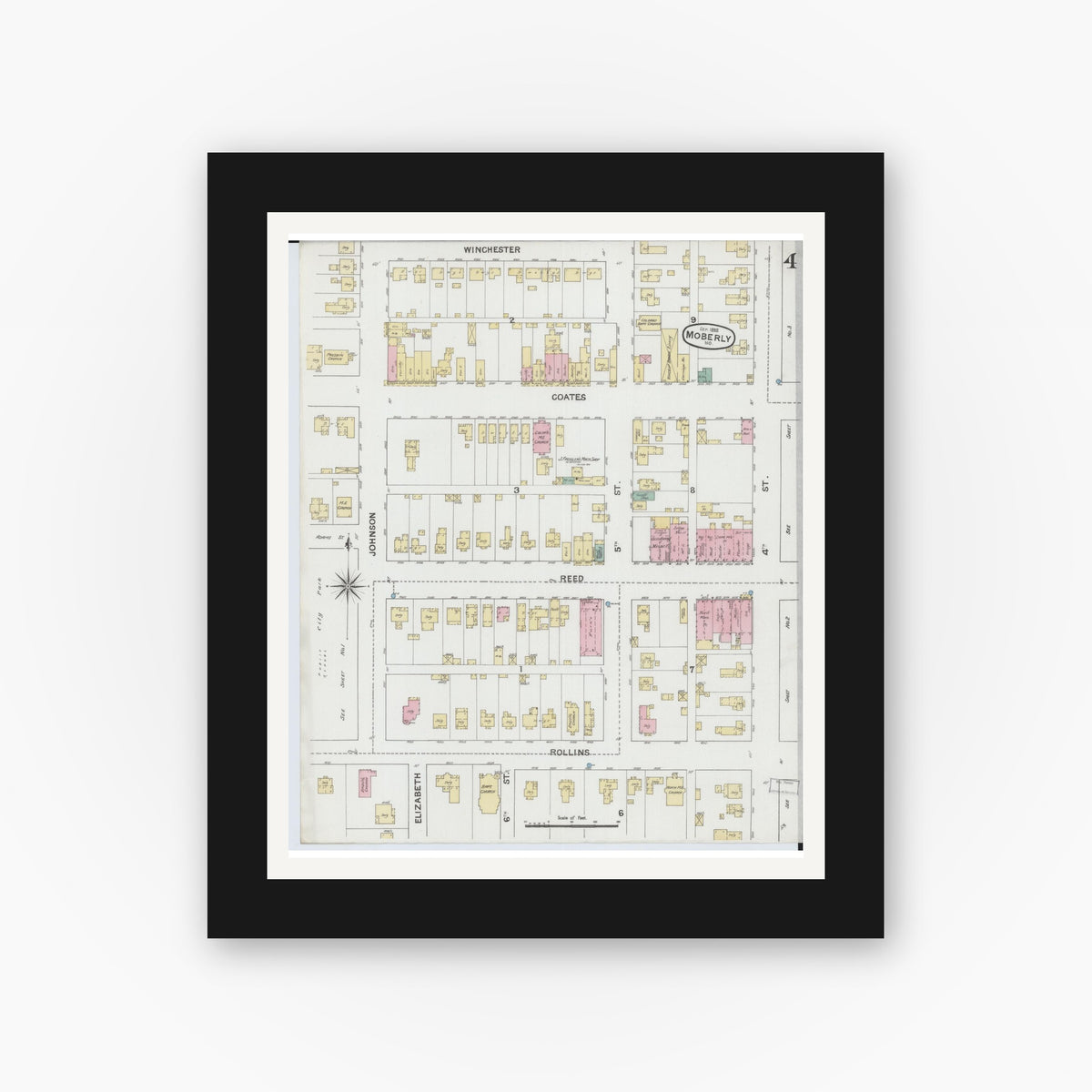 Old map wall art mockup — black gallery frame with white mat — Sanborn Fire Insurance Map from Moberly, Randolph County, Missouri (1888), Sheet #0004