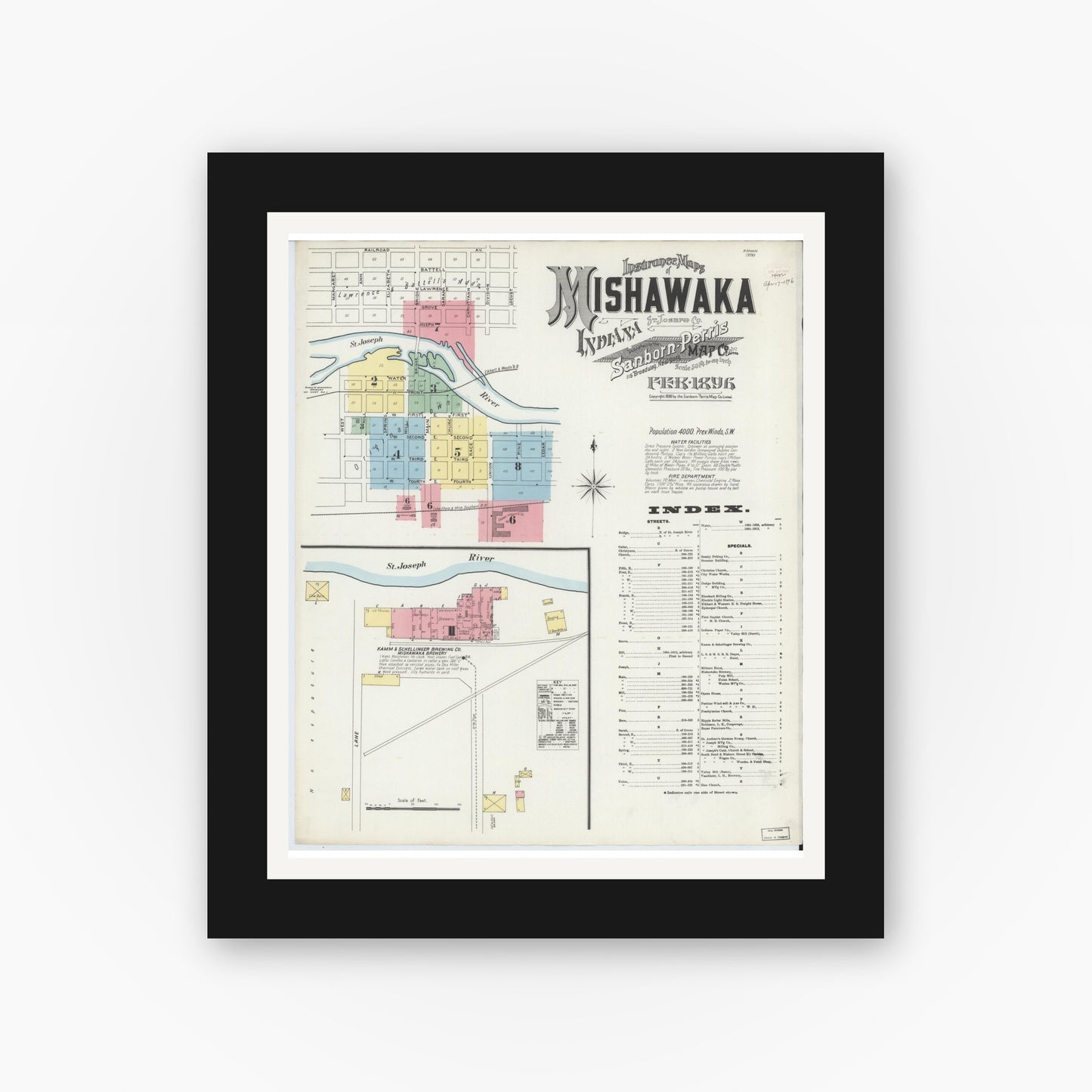 Old map wall art mockup — black gallery frame with white mat — Sanborn Fire Insurance Map from Mishawaka, Saint Joseph County, Indiana (1896) - Complete Map Set
