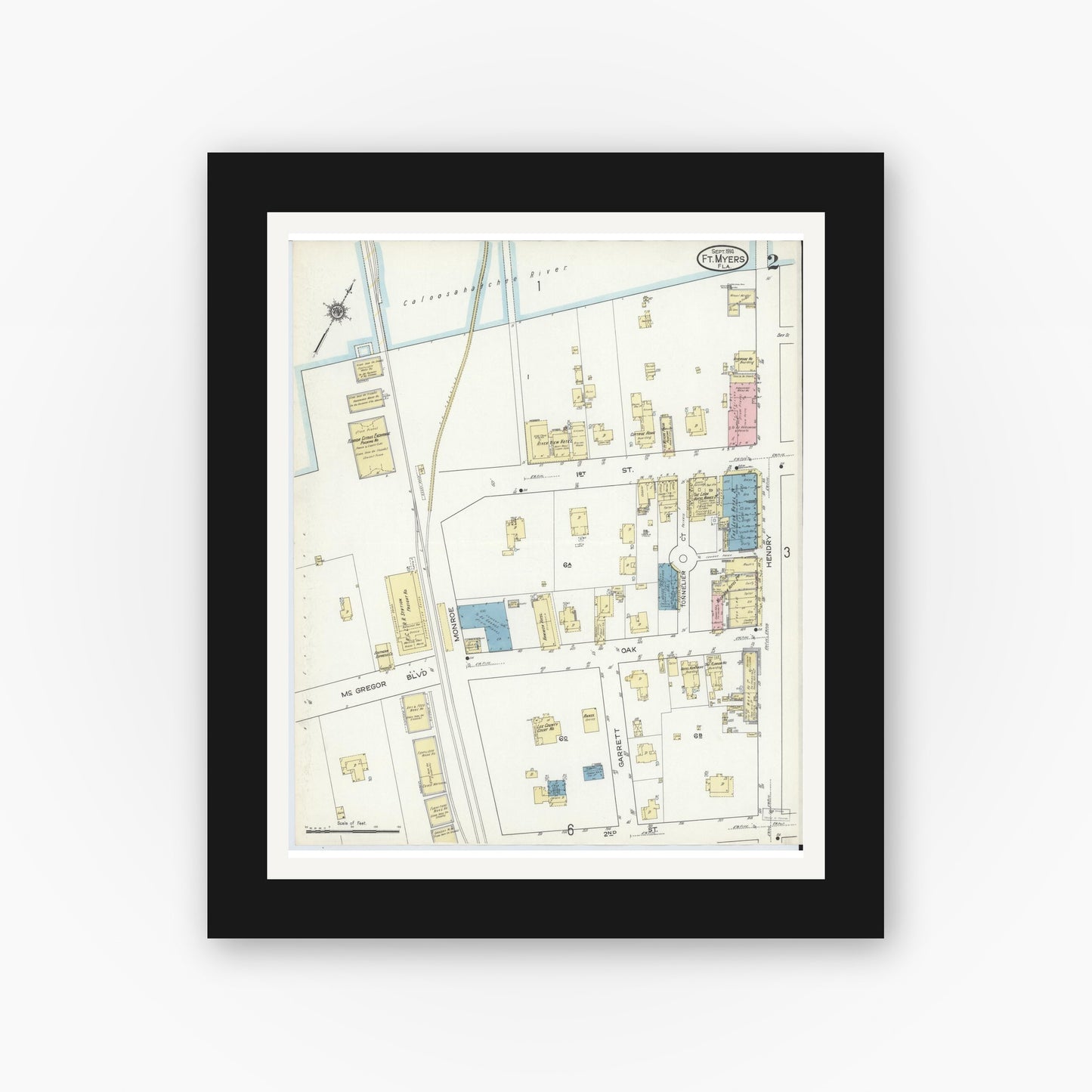 Old map wall art mockup — black gallery frame with white mat — Sanborn Fire Insurance Map from Fort Myers, Lee County, Florida (1914), Sheet #0002