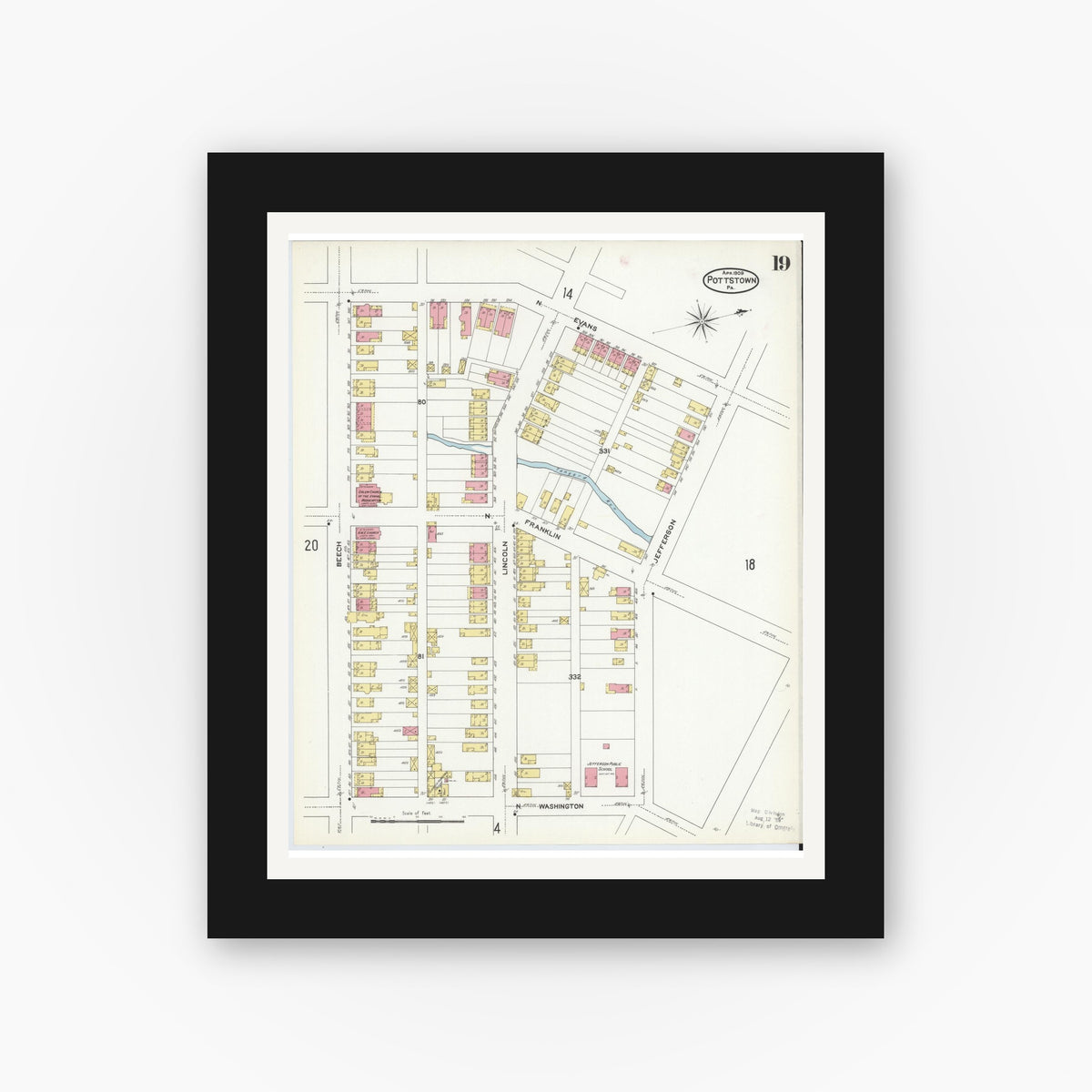 Old map wall art mockup — black gallery frame with white mat — Sanborn Fire Insurance Map from Pottstown, Montgomery County, Pennsylvania (1909), Sheet #0019