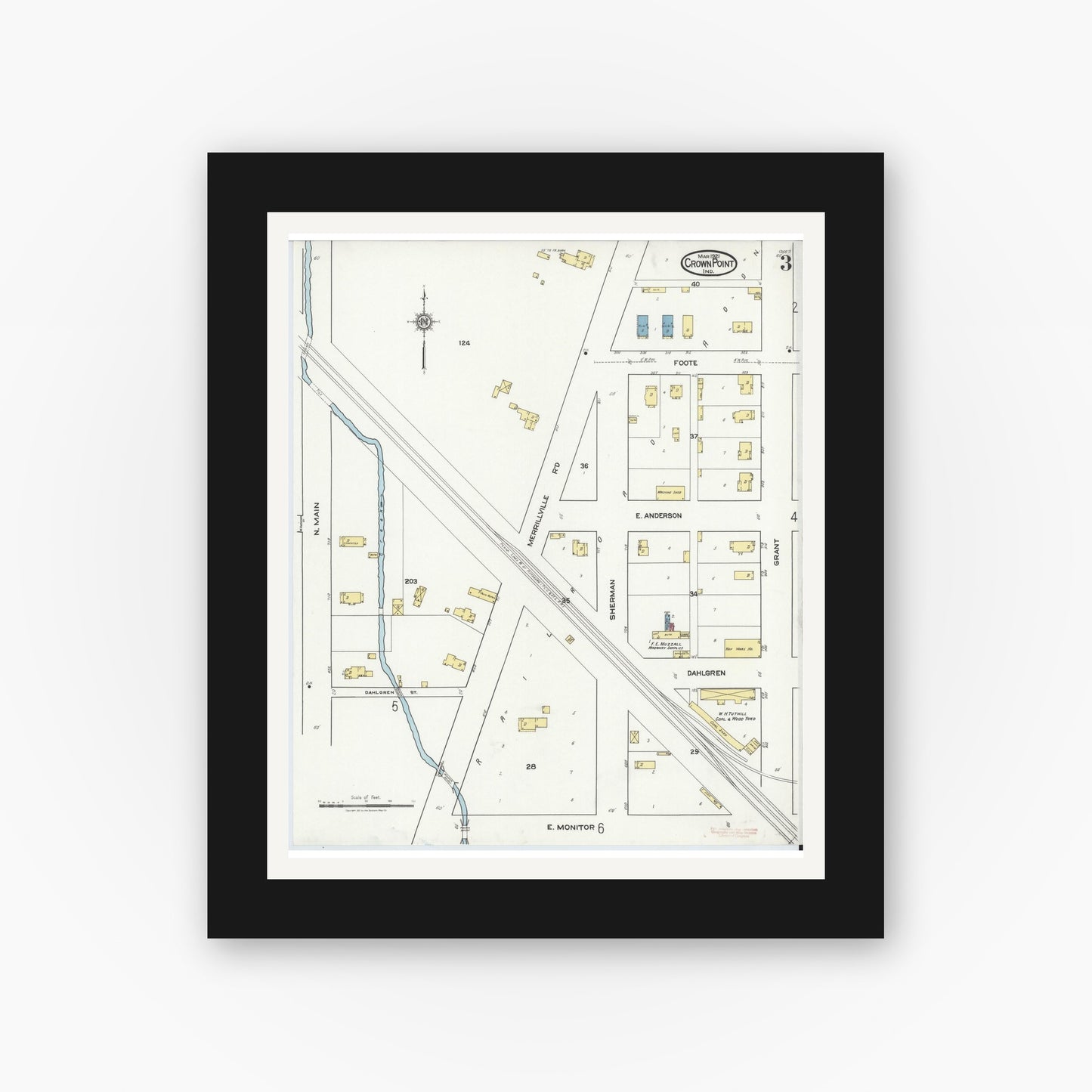 Old map wall art mockup — black gallery frame with white mat — Sanborn Fire Insurance Map from Crown Point, Lake County, Indiana (1921), Sheet #0003