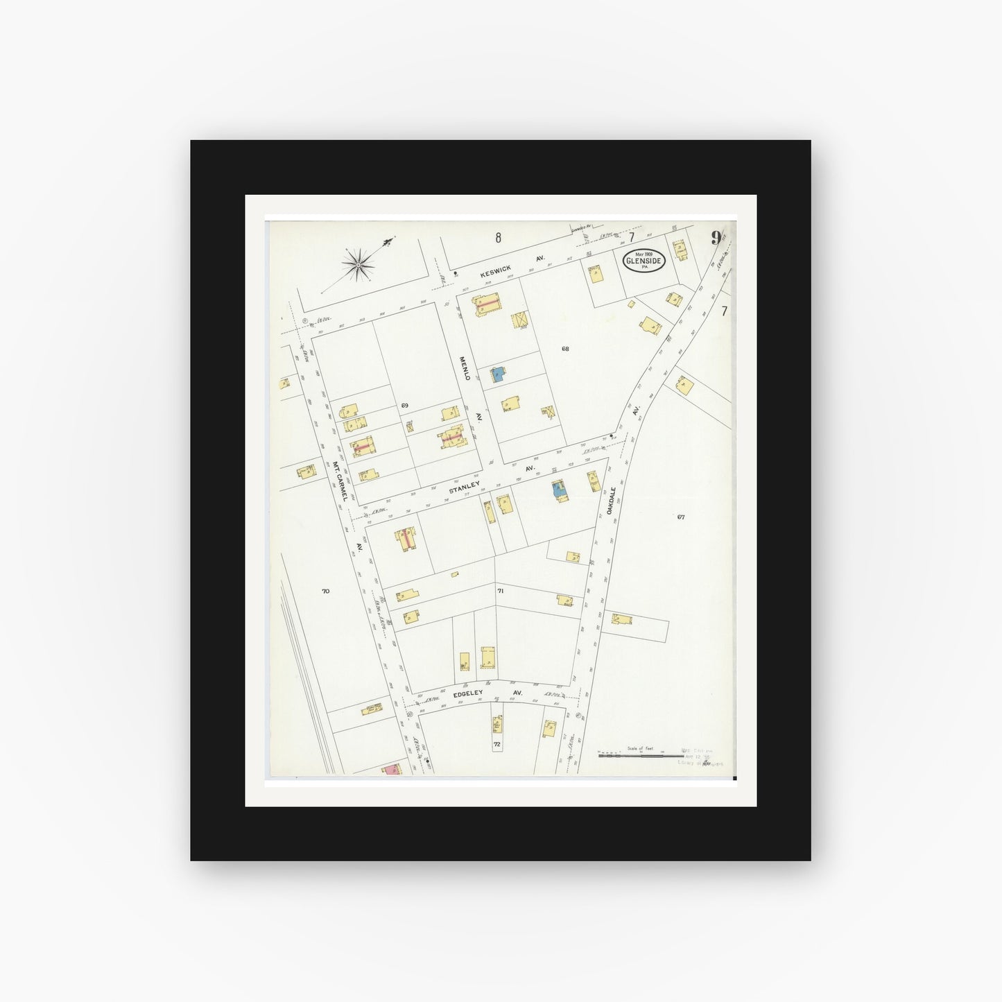 Old map wall art mockup — black gallery frame with white mat — Sanborn Fire Insurance Map from Glenside, Montgomery County, Pennsylvania (1909), Sheet #0009