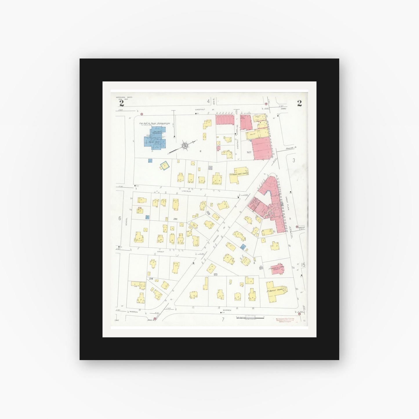 Old map wall art mockup — black gallery frame with white mat — Sanborn Fire Insurance Map from Needham, Norfolk County, Massachusetts (1937), Sheet #0002