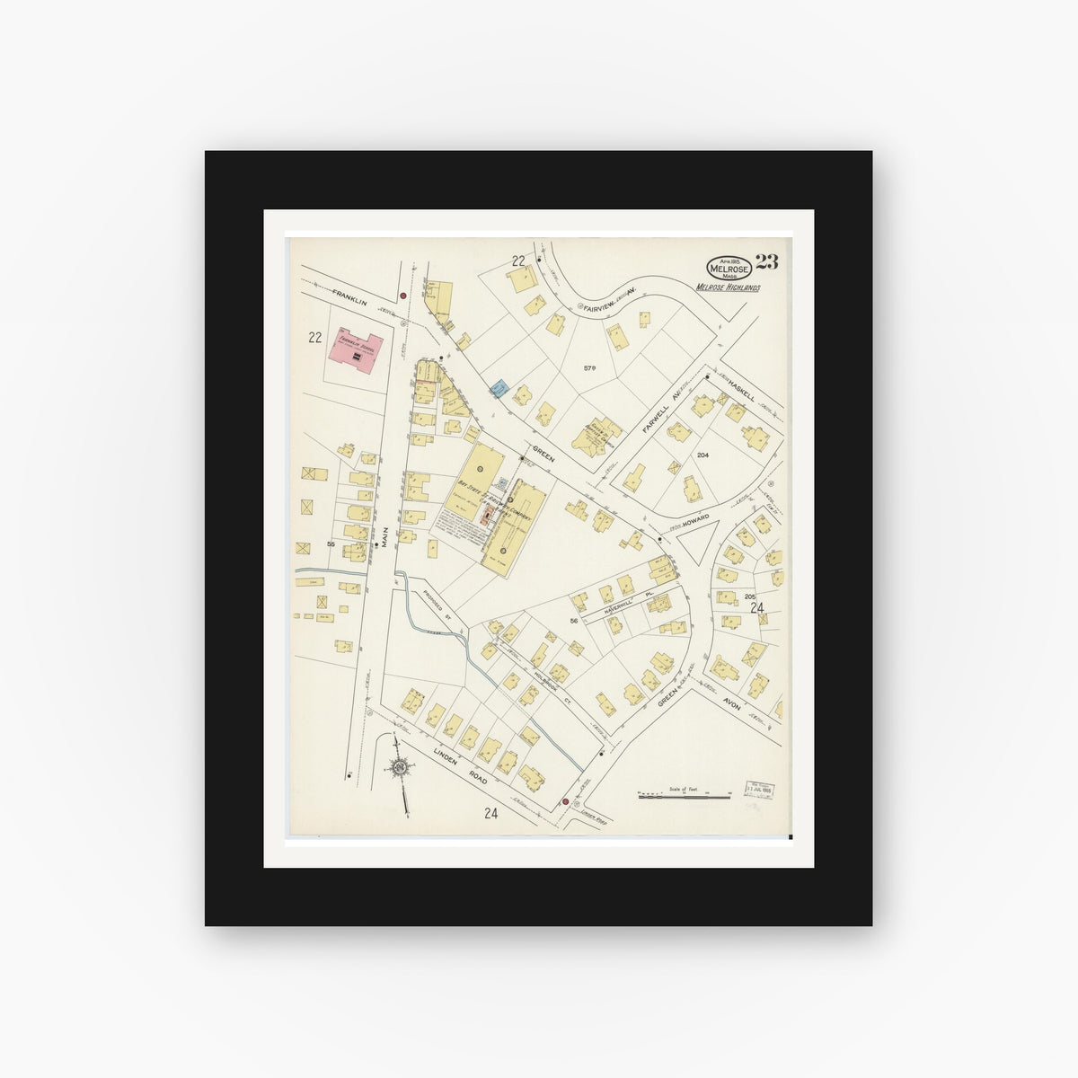 Old map wall art mockup — black gallery frame with white mat — Sanborn Fire Insurance Map from Melrose, Middlesex County, Massachusetts (1915), Sheet #0023